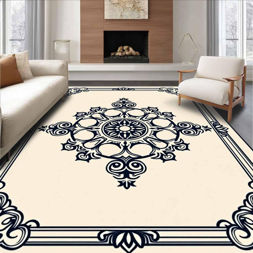 Classic Dark Blue Floral Medallion Frame Rug