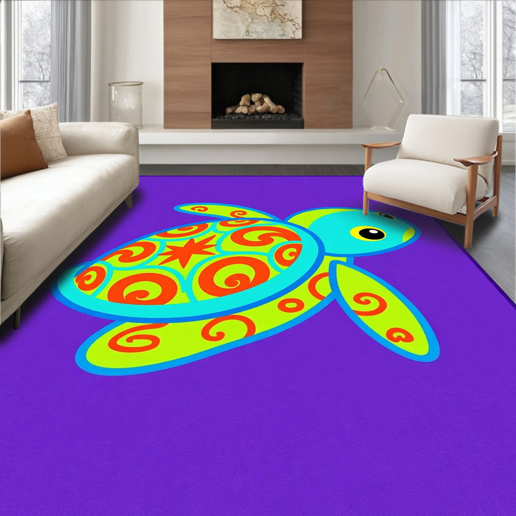 Whimsical Turtle Aqua Orange Swirls Rug