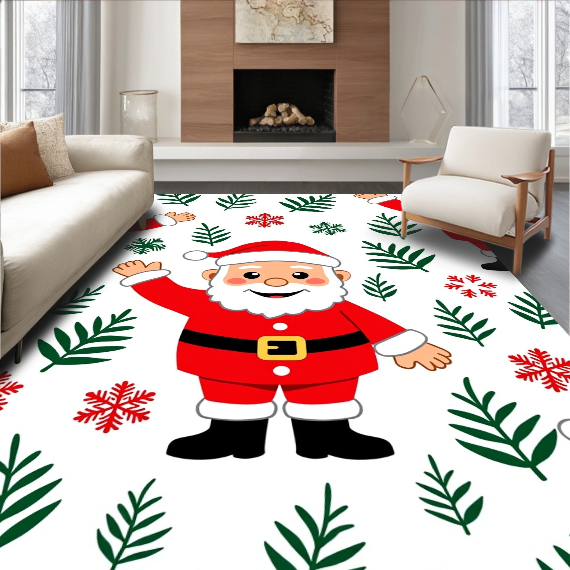 Cheerful Santa Claus Snowflake Leaf Rug
