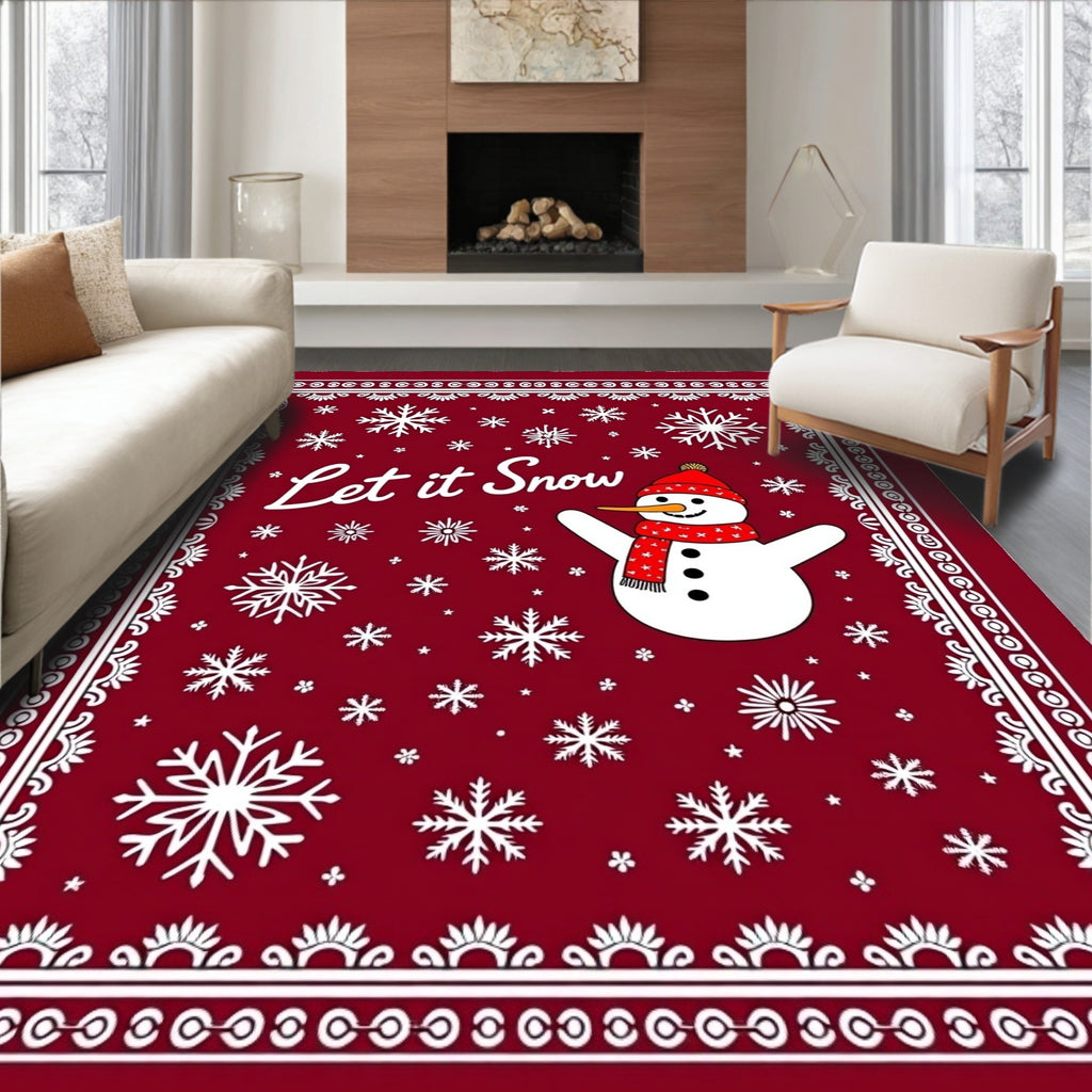 Crimson Snowman Snowflake Border Rug