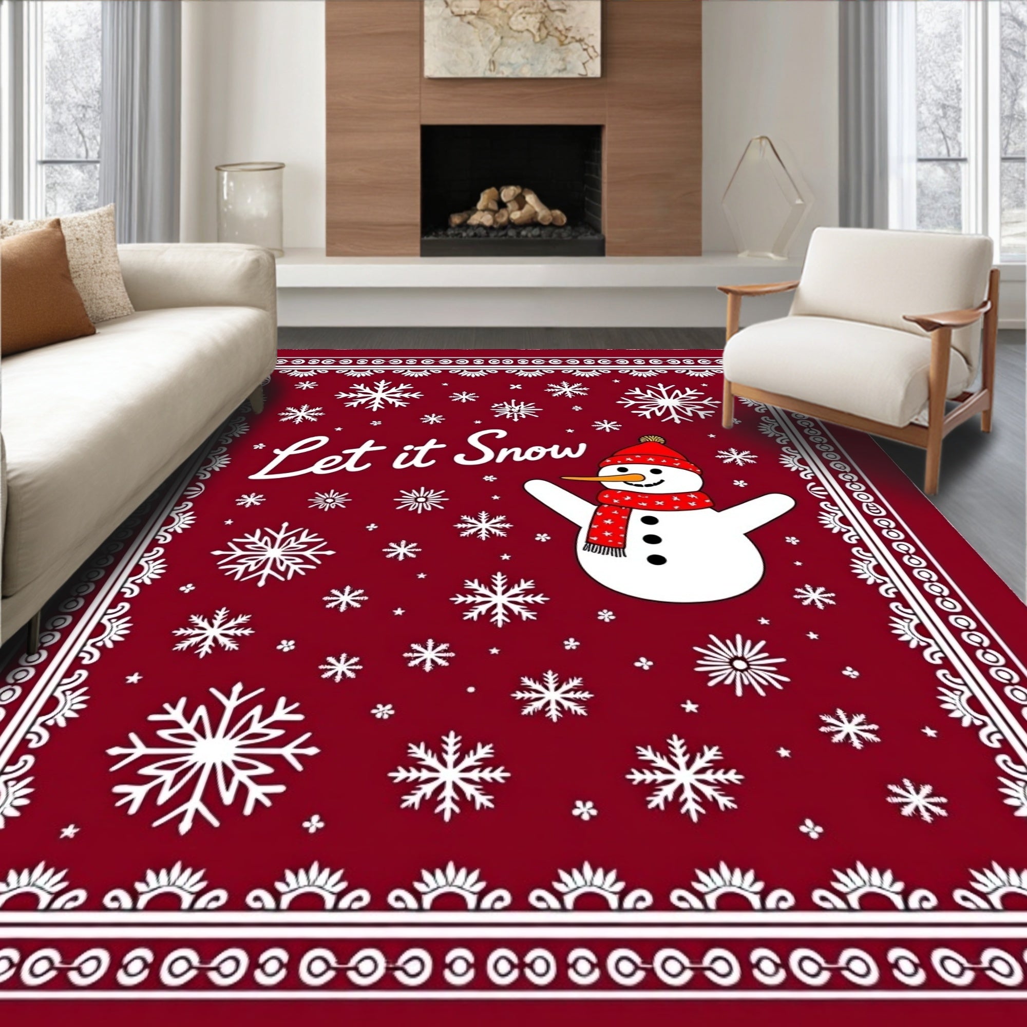 Crimson Snowman Snowflake Border Rug