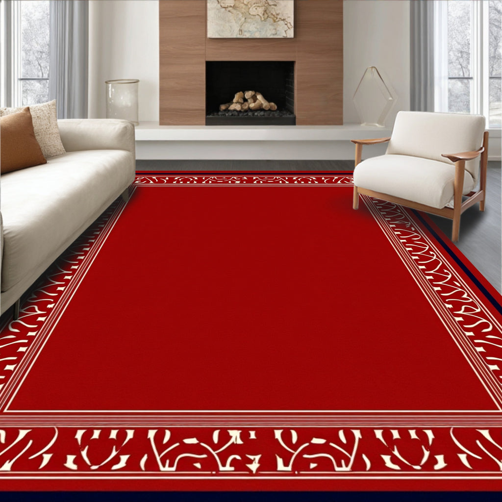 Crimson Bordered White Floral Vine Rug