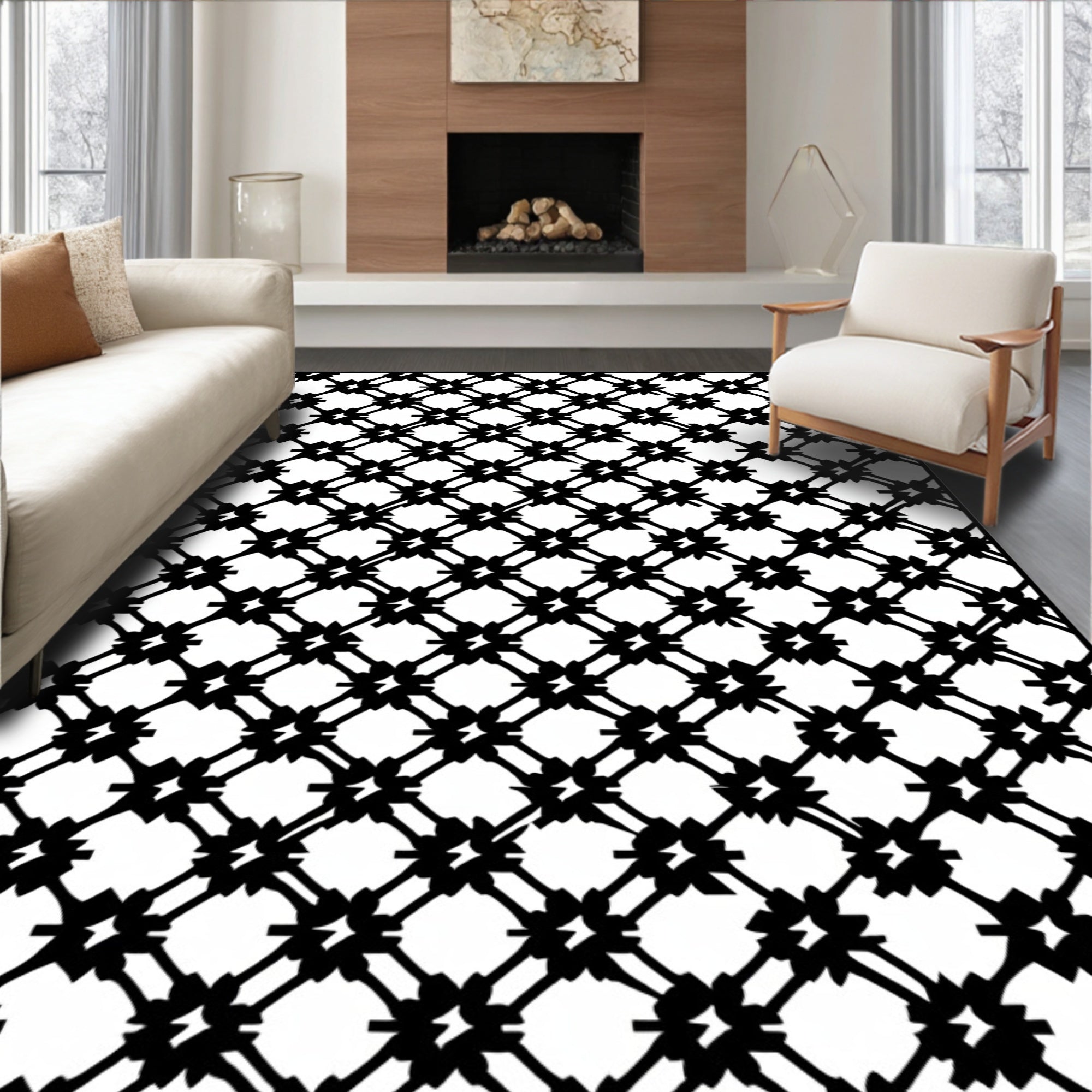 Black Lattice Floral Geometric Rug