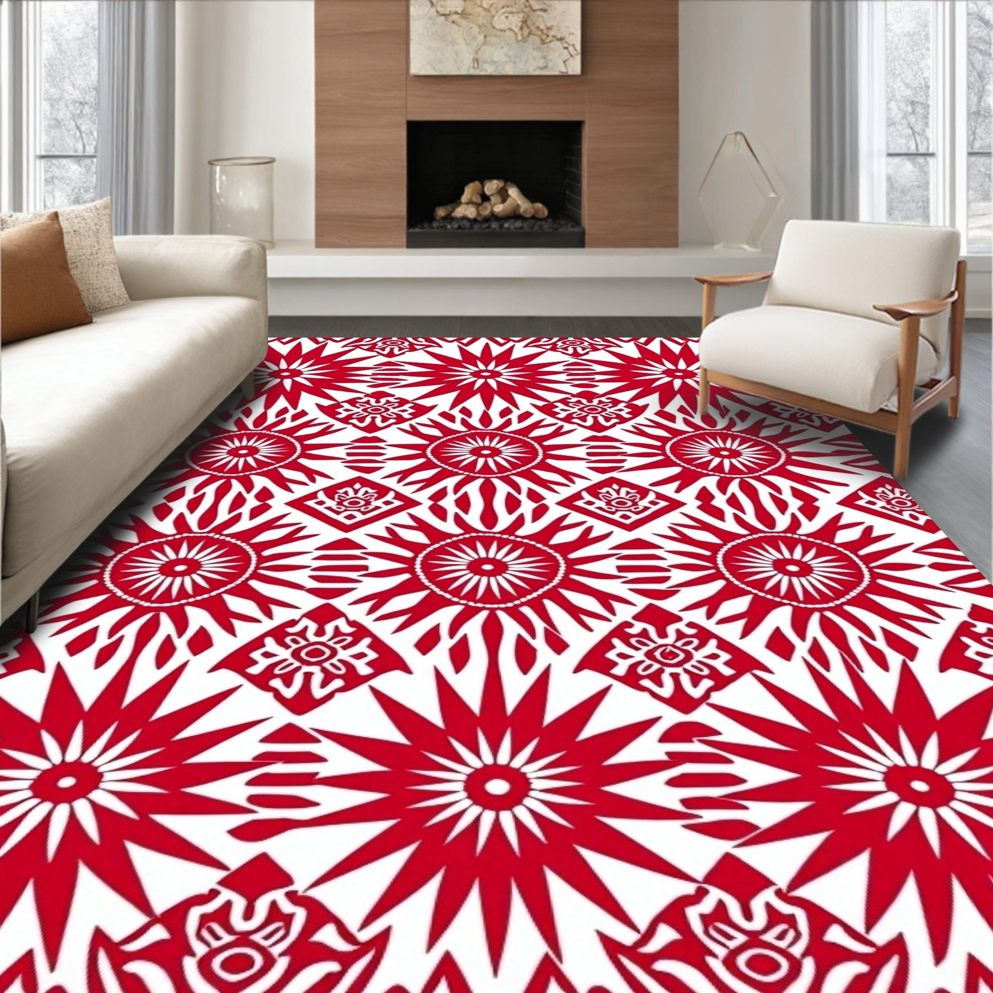 Vivid Red Sunburst Diamond Medallion Rug