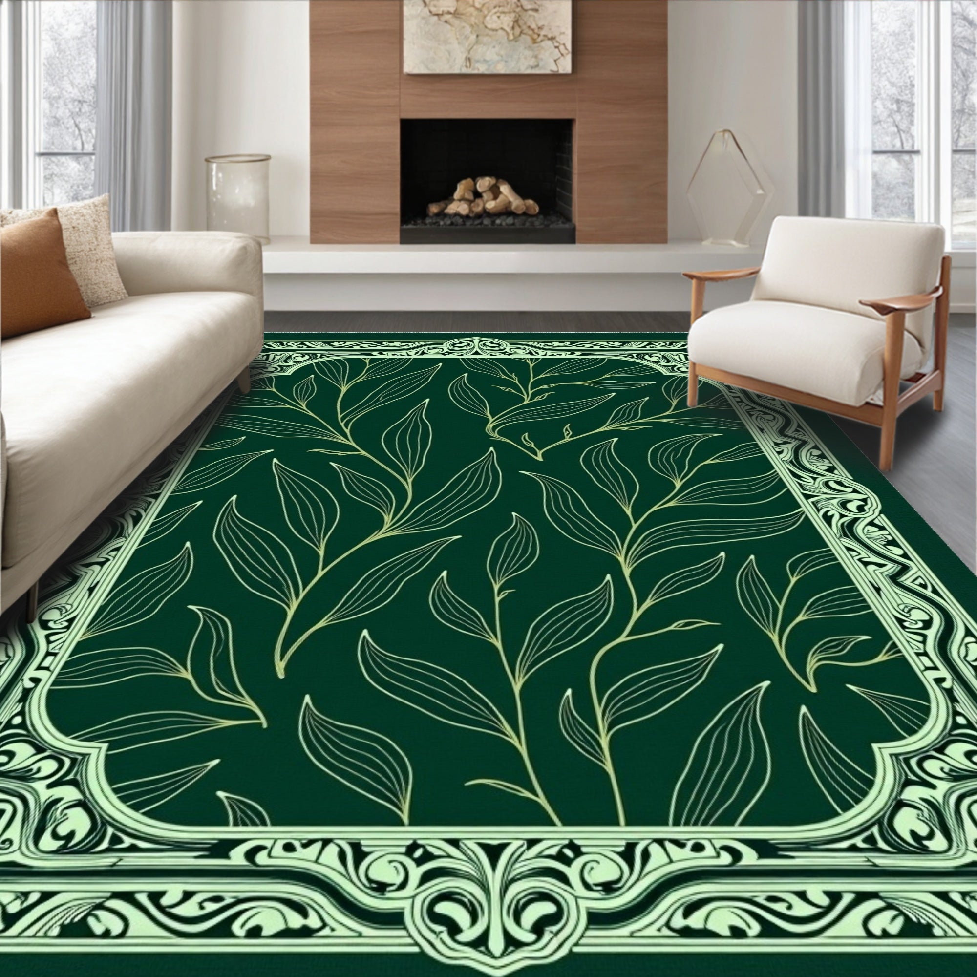 Emerald Green Botanical Vine Frame Rug