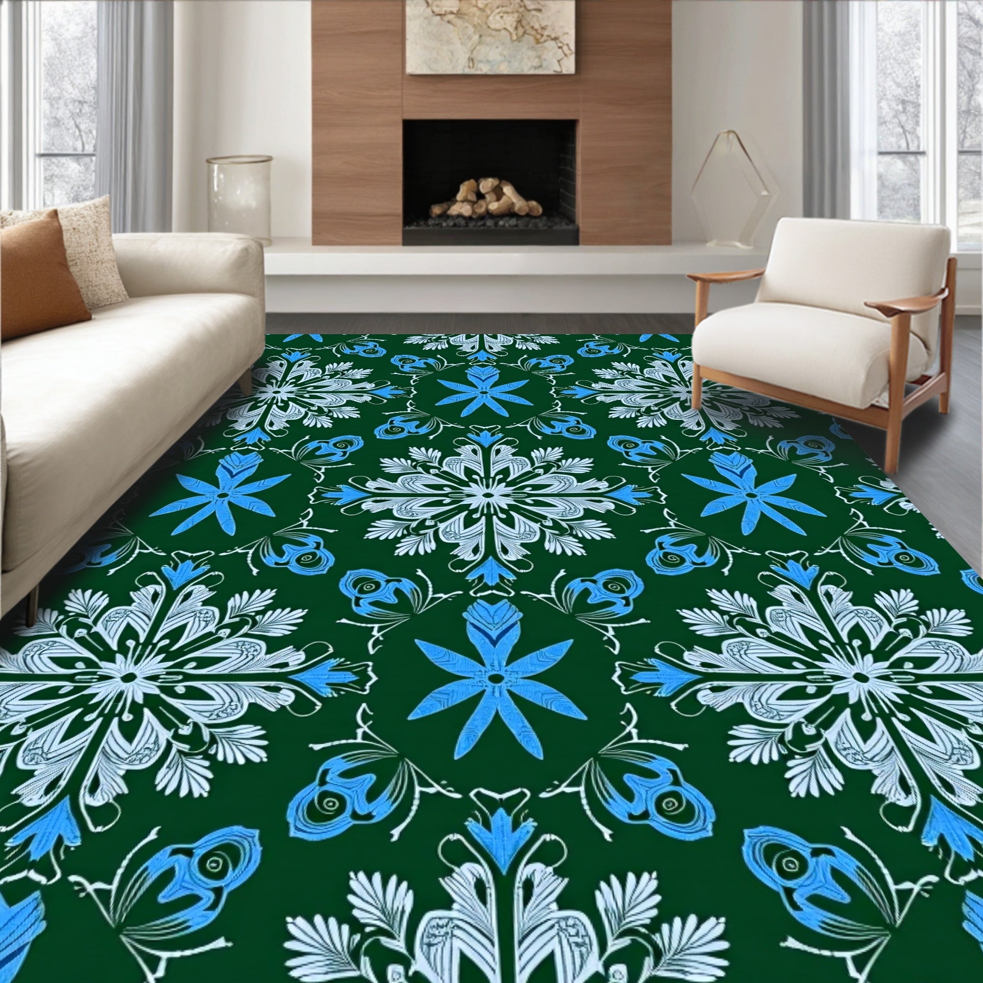 Emerald Blue Floral Medallion Mandala Rug