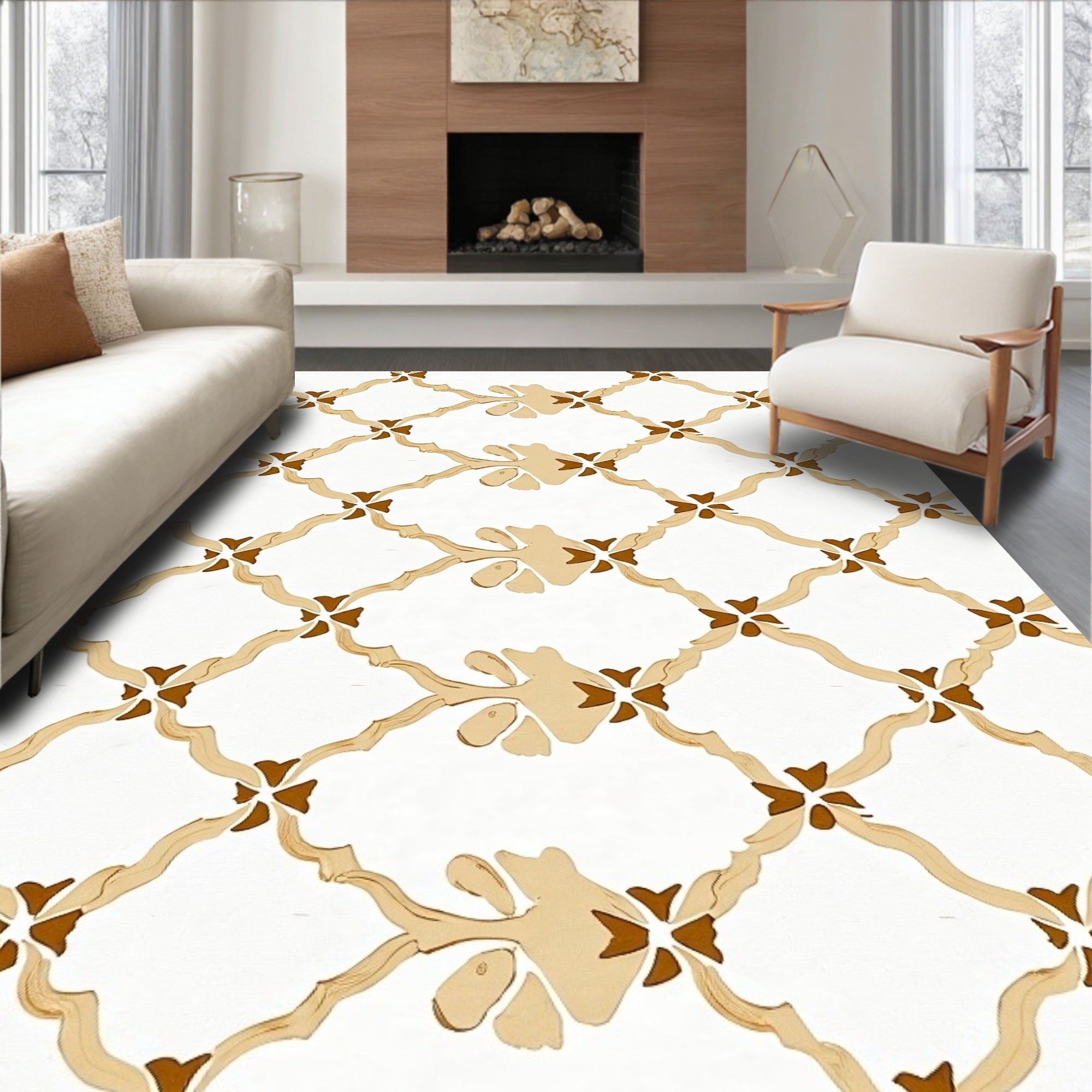 Tan Lattice Floral Arrangement Rug