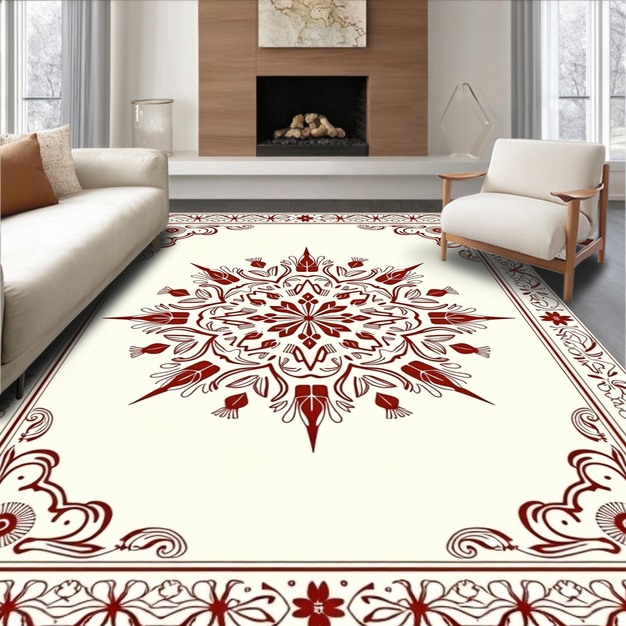Symmetrical Starburst Bloom Border Artwork Rug