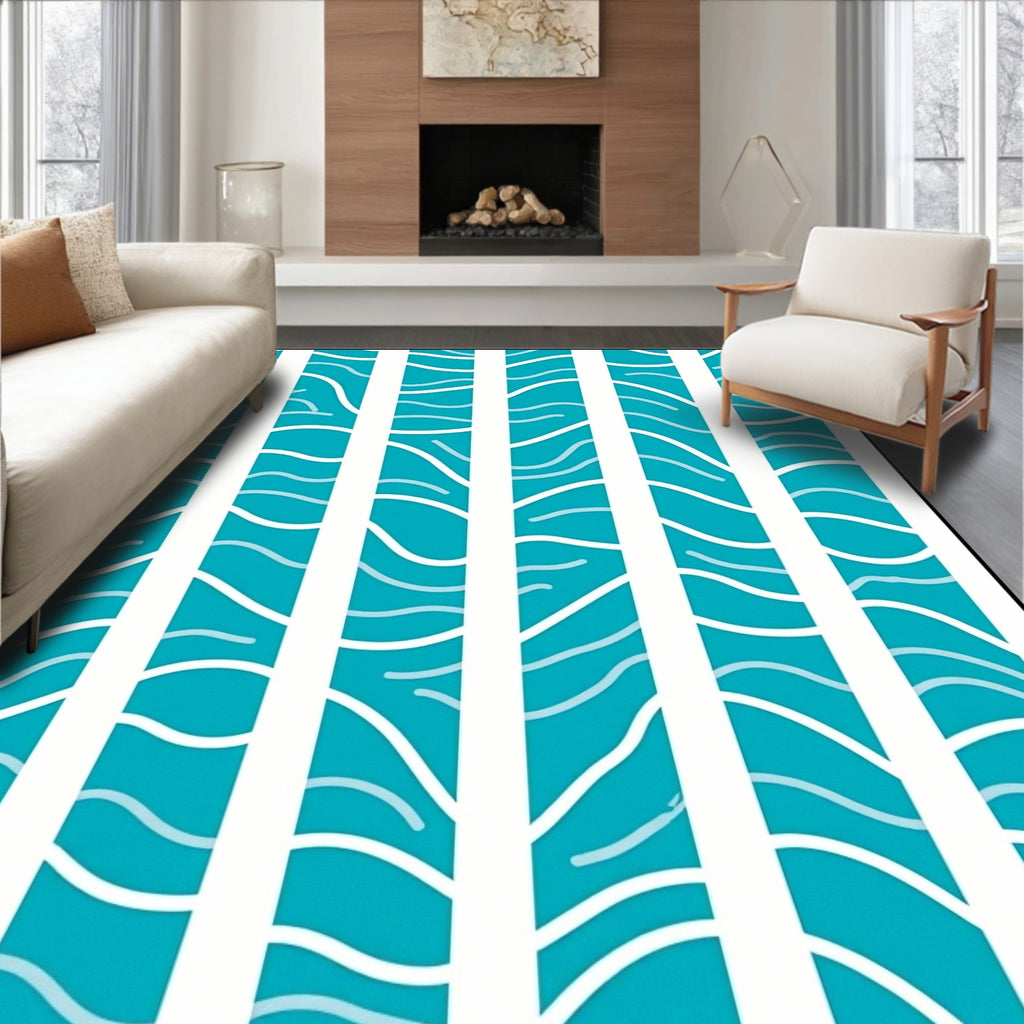 Teal White Striped Flowing Wave Rug