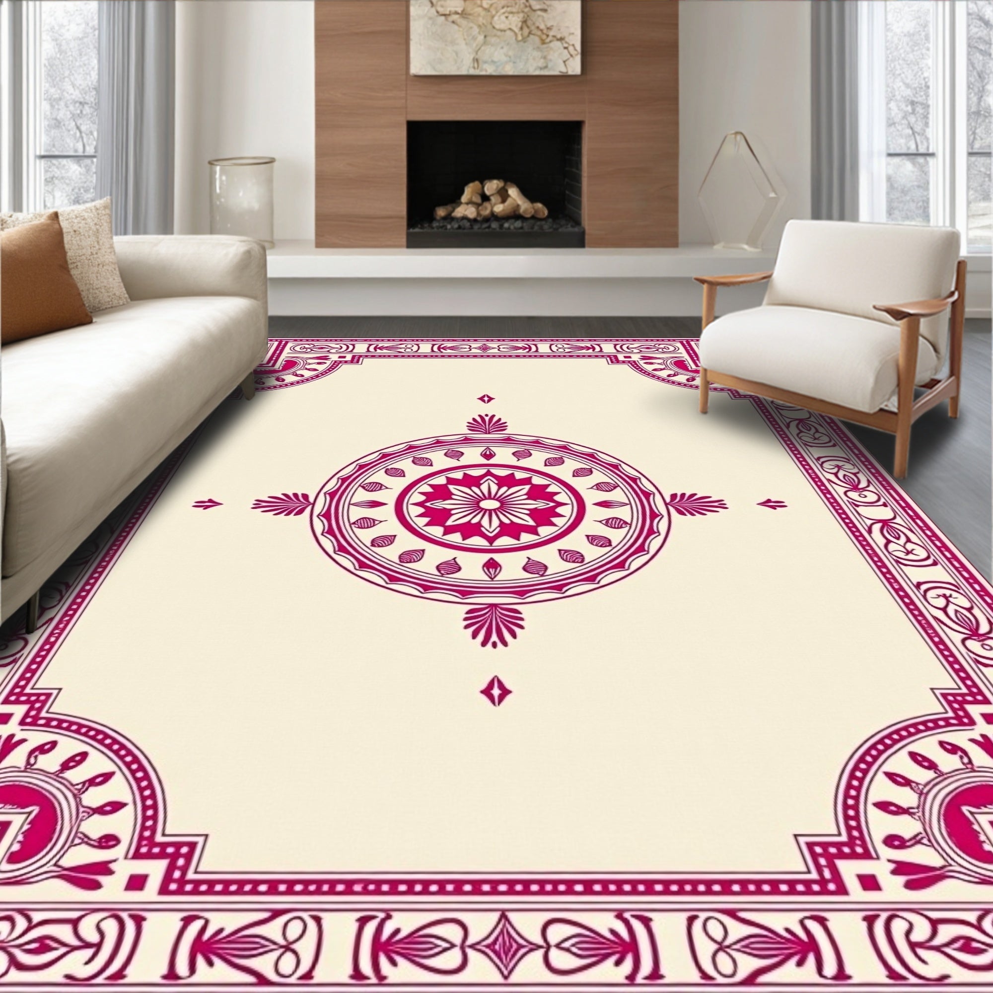 Maroon Ornamental Medallion Border Rug