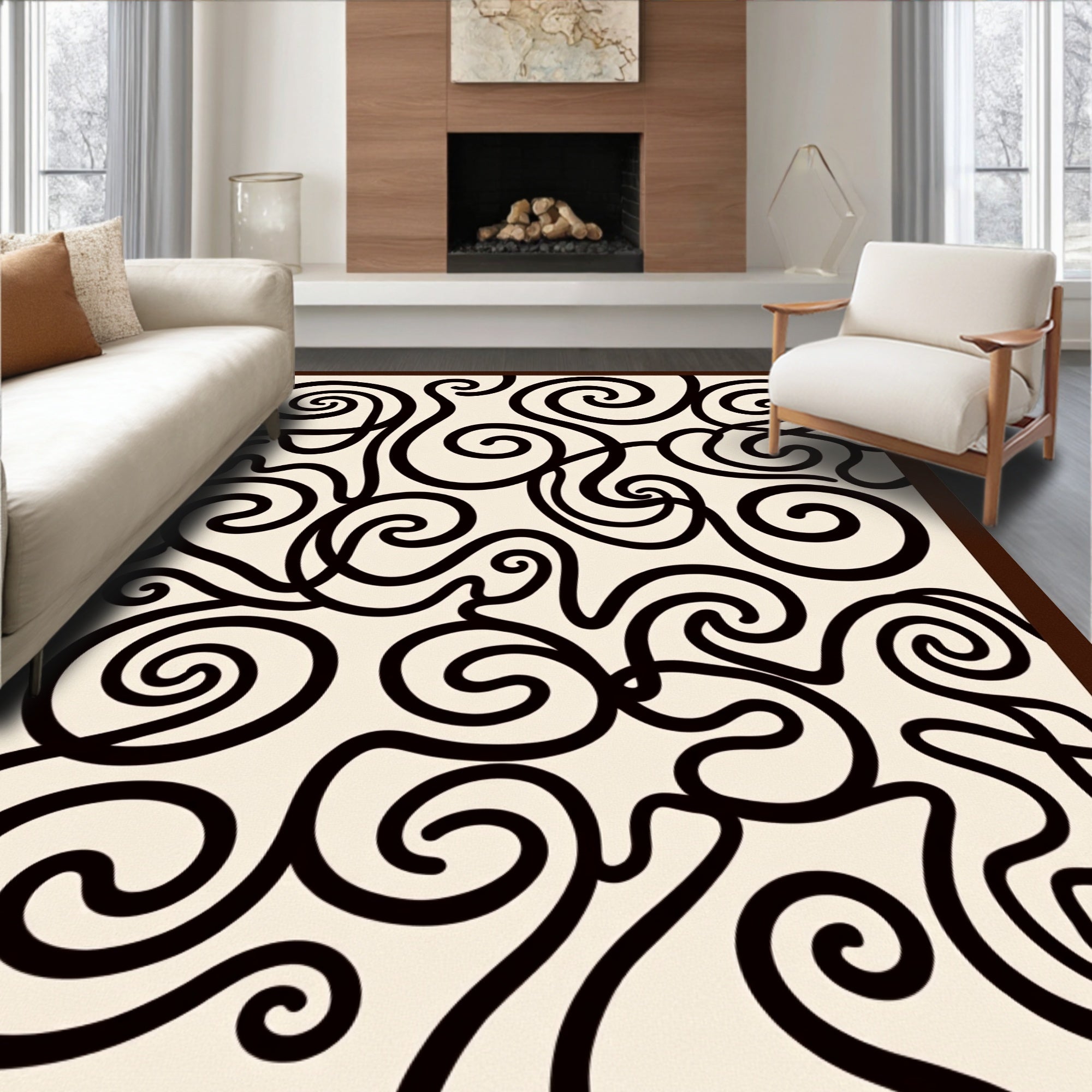 Cream Black Swirls Abstract Rug