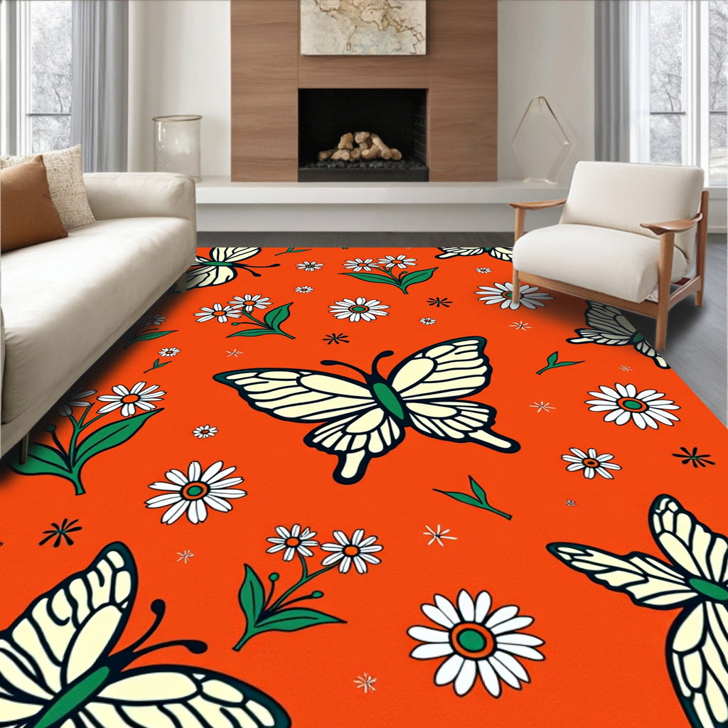 Whimsical Cream Butterfly Daisy Garden Rug
