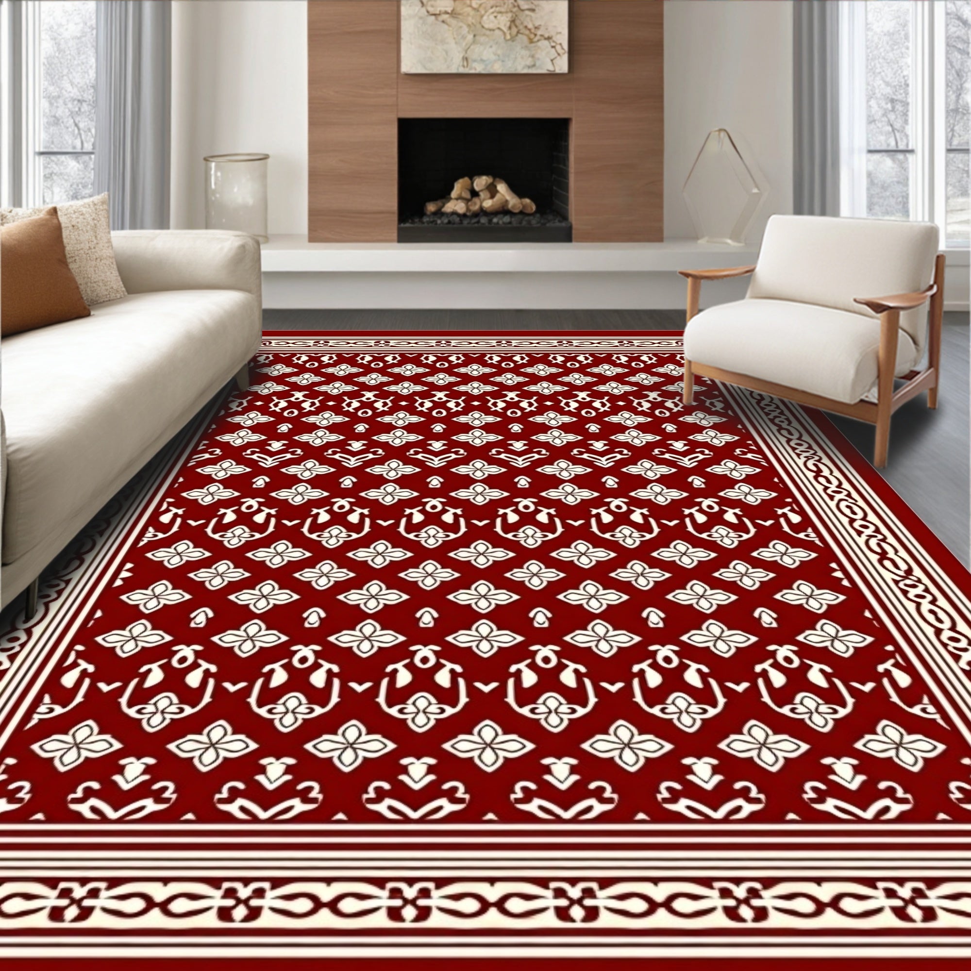 Crimson Cream Floral Border Medallion Rug