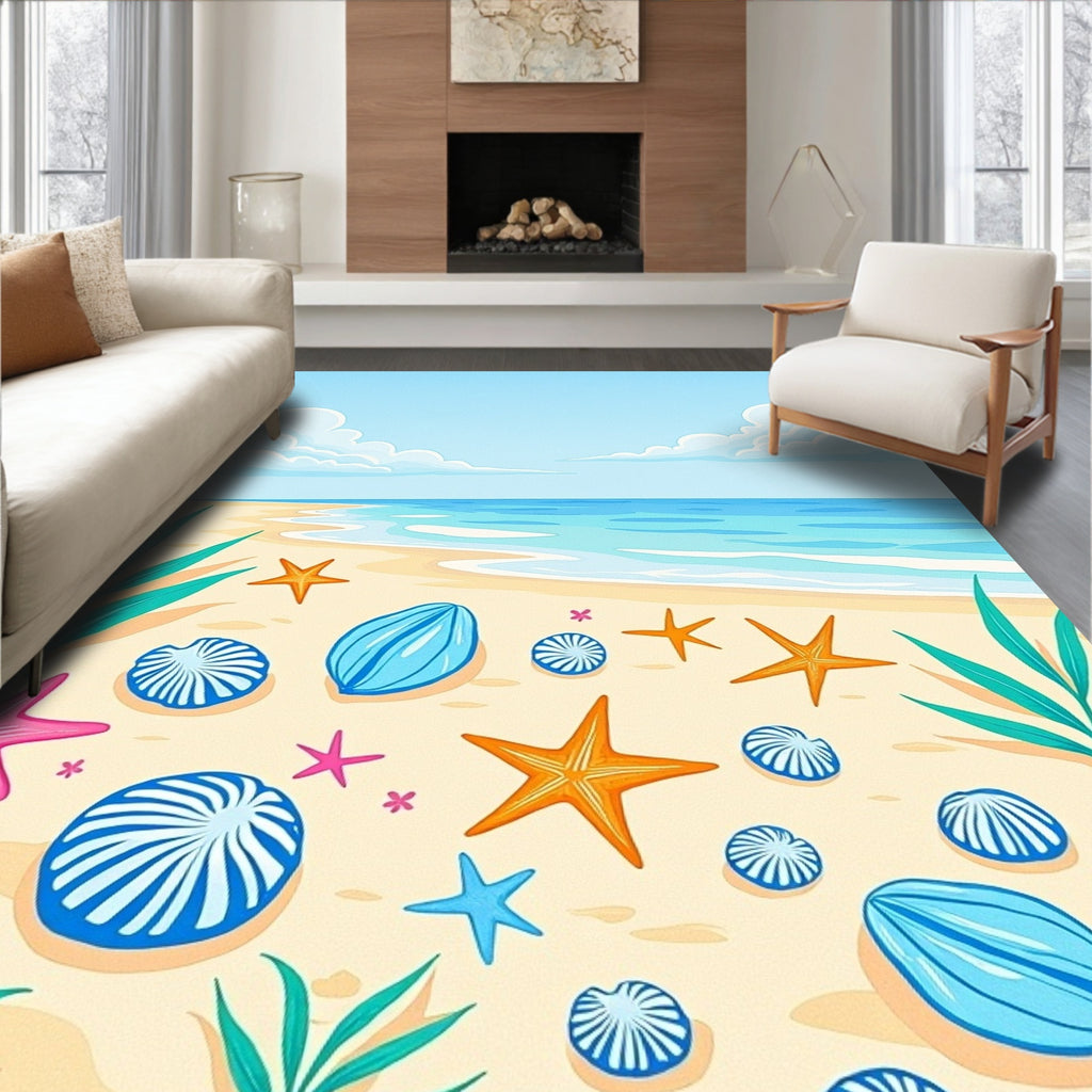 Coastal Beach Starfish Seashell Coral Scene Rug