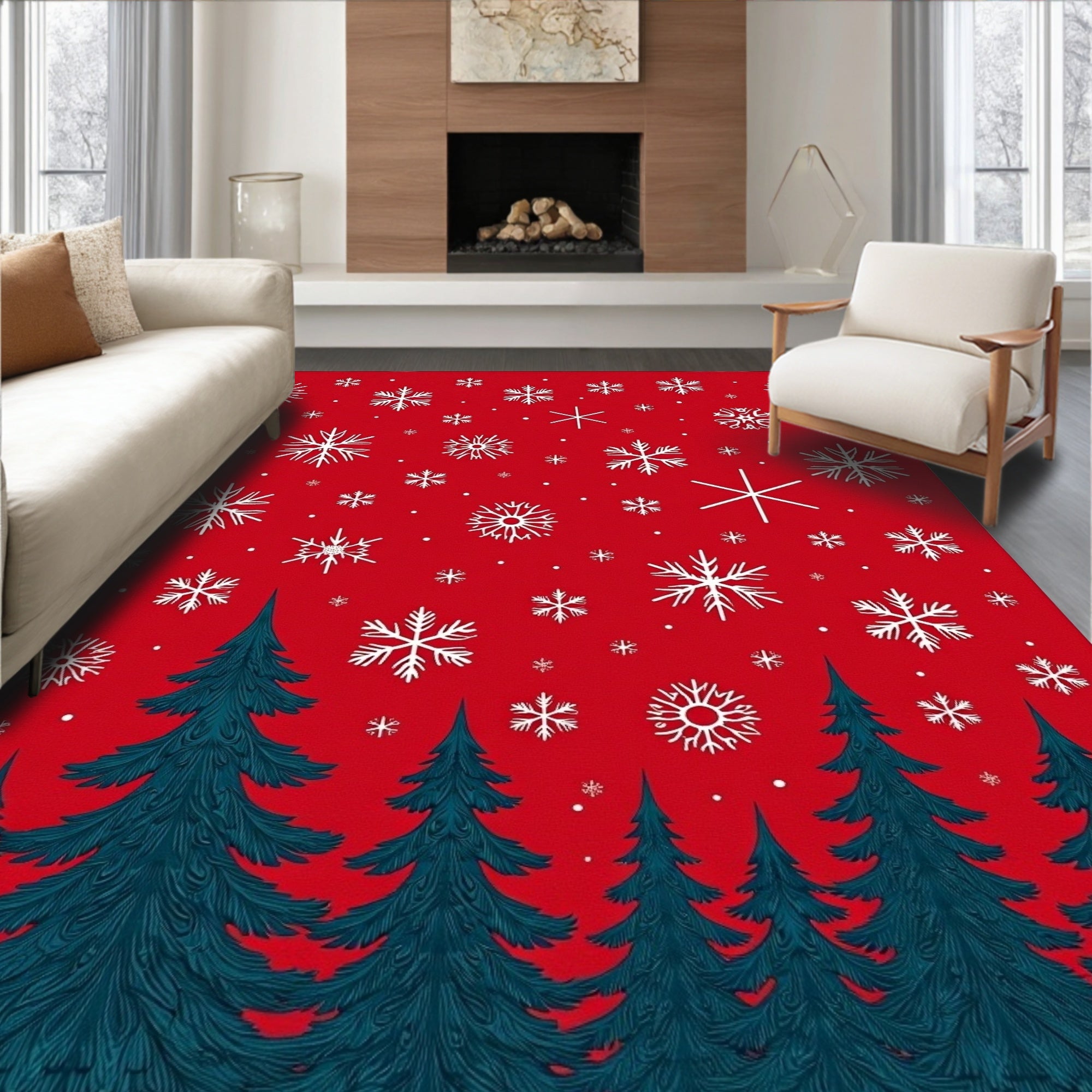 Winter Snowflakes and Teal Evergreen Trees Rug