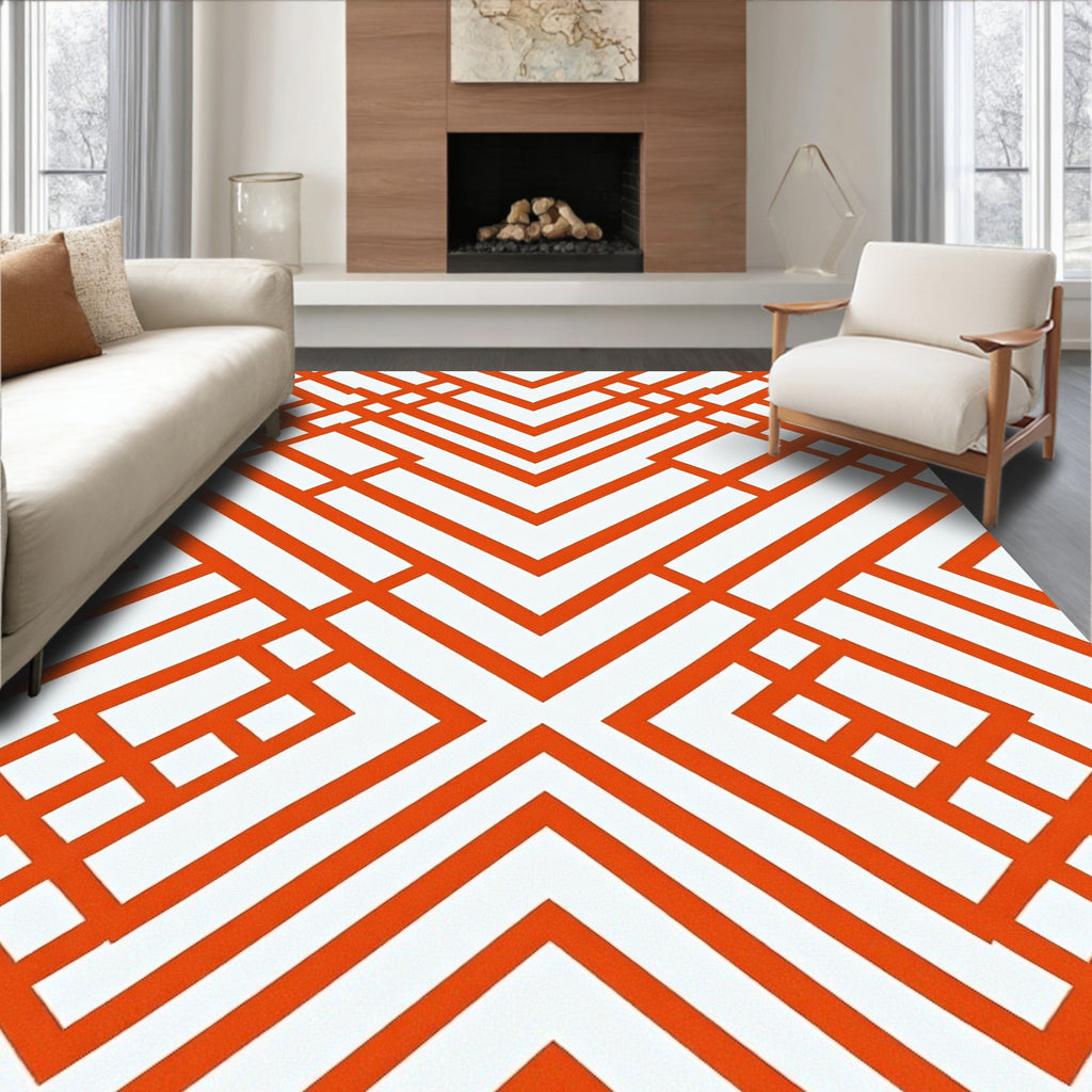 Bold Orange White Geometric Interlocking Rug