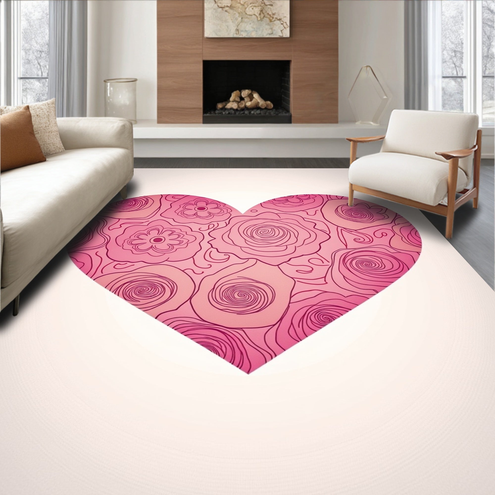 Pink Hand Drawn Floral Heart Rug