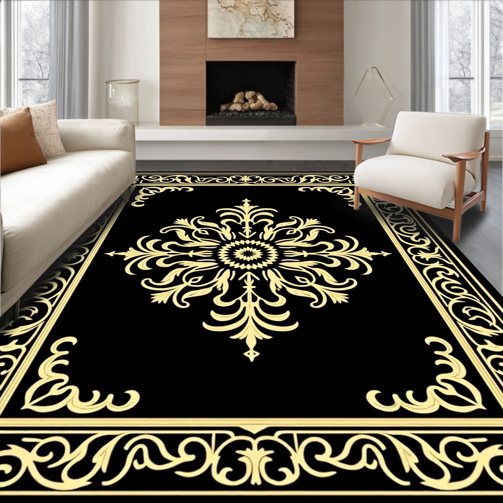 Elegant Gold Floral Scrollwork On Black Rug