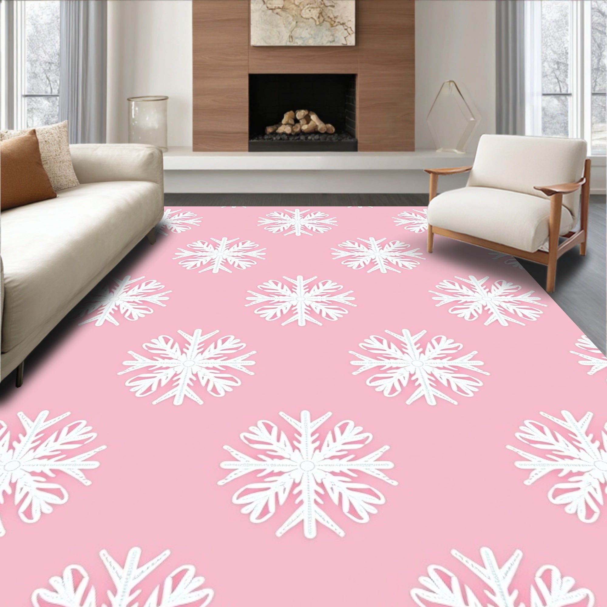 Pastel Pink White Snowflake Repeat Rug