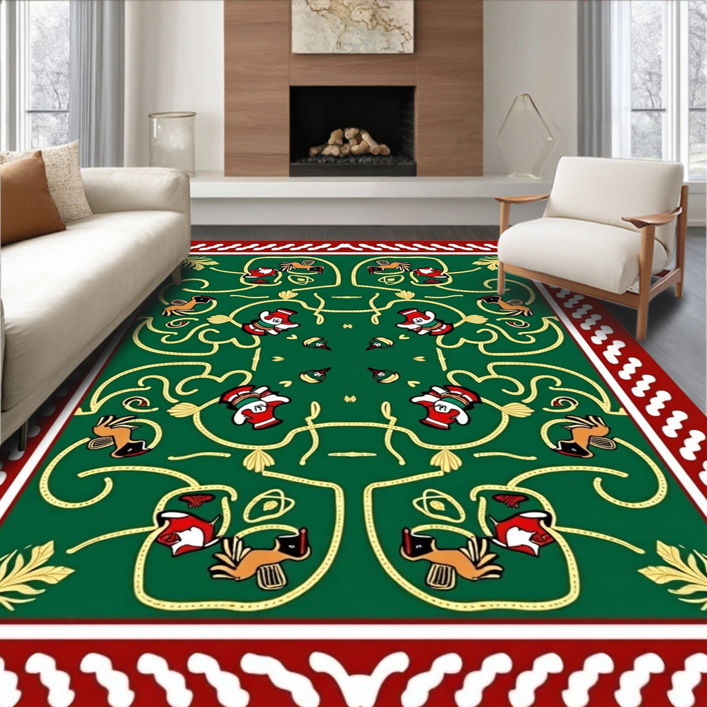 Emerald Green Folk Art Animal Scene Rug