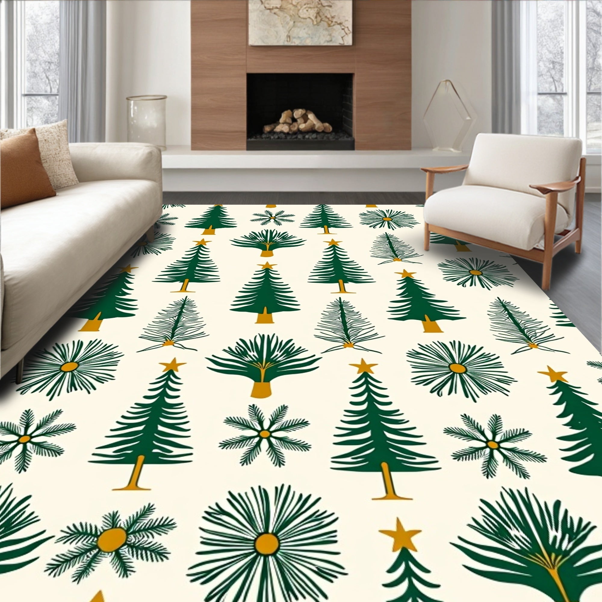 Forest Green Christmas Trees Stars Rug