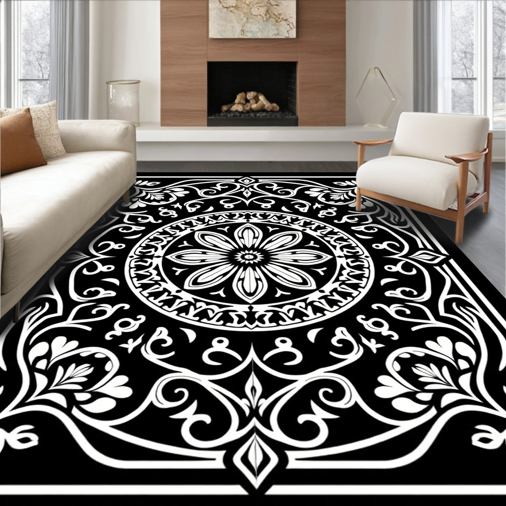 Elegant Black and White Floral Mandala Rug