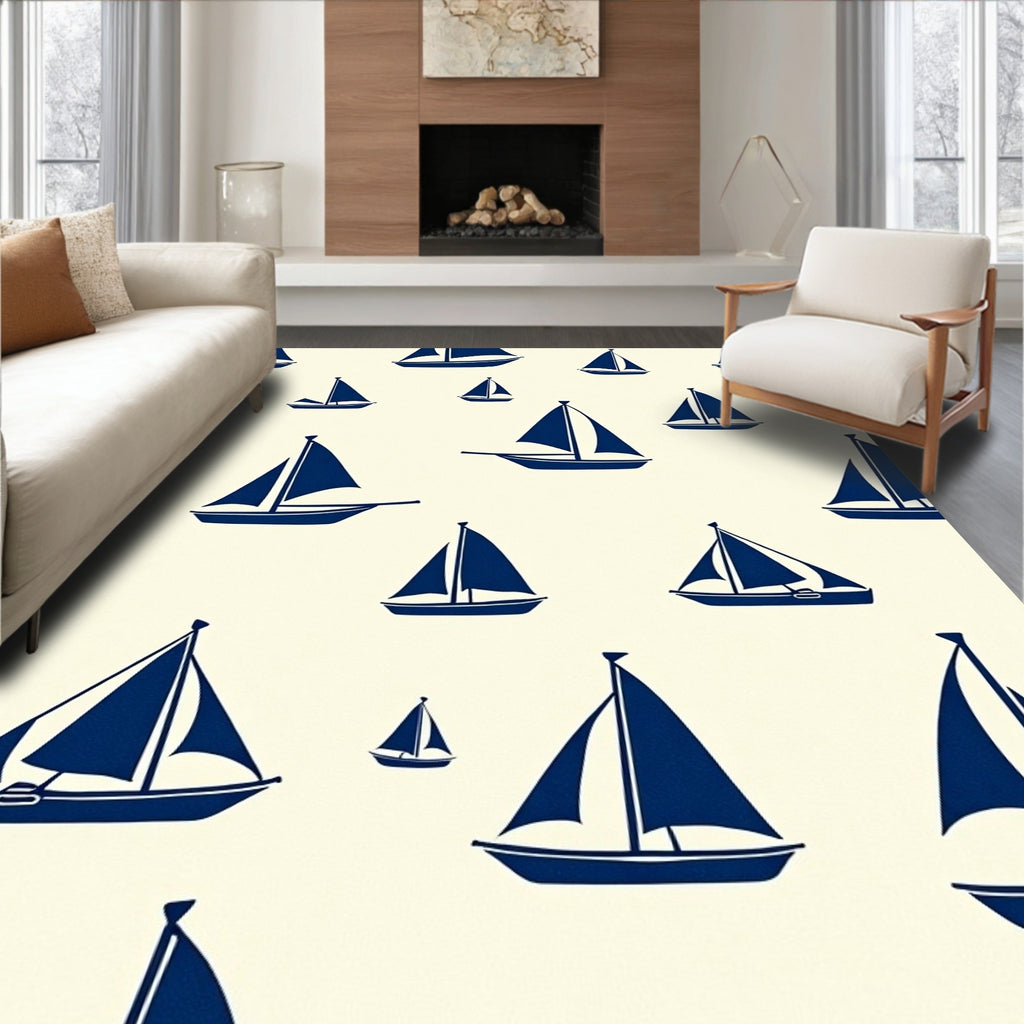 Navy Sailboat Scattered Nautical Canvas Rug