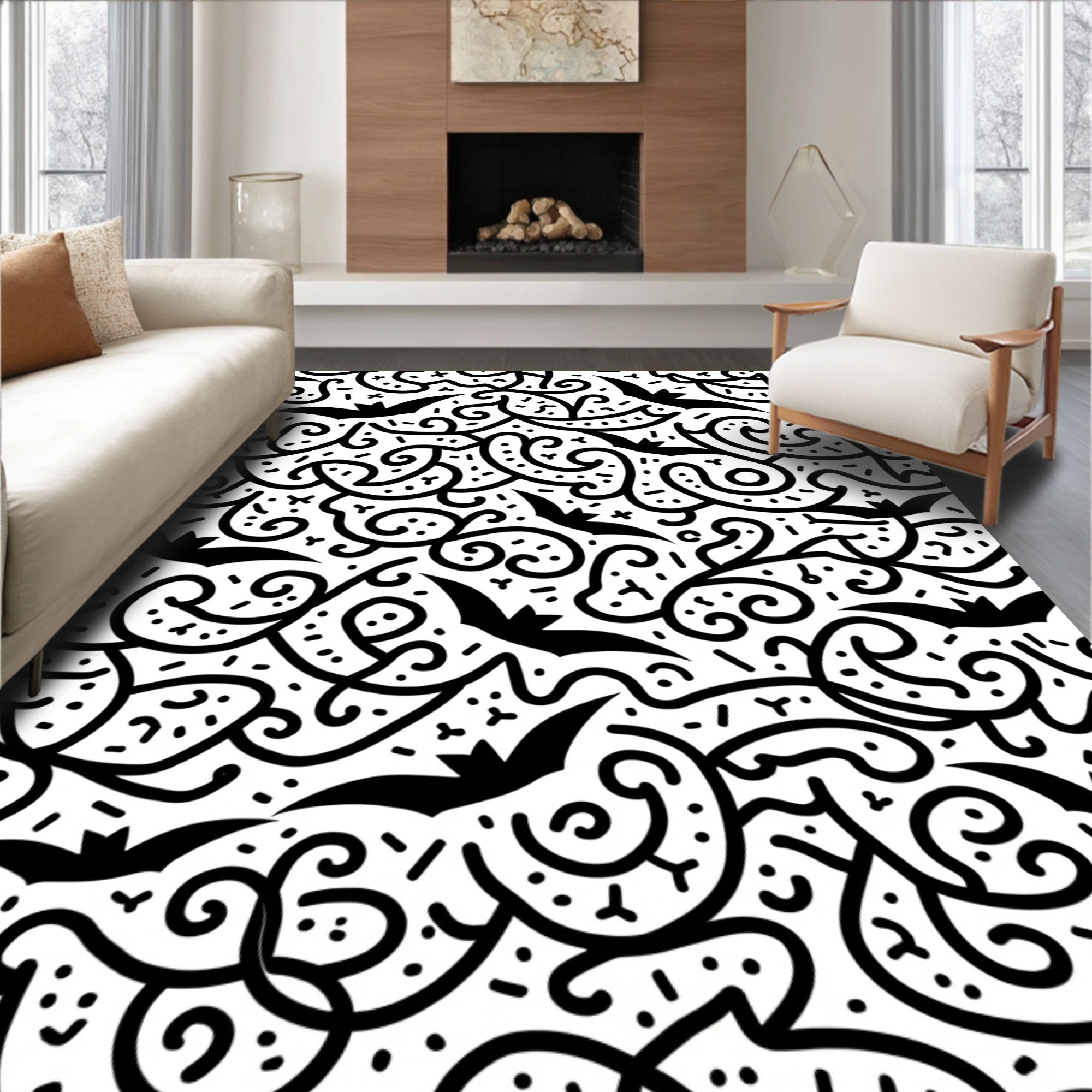 Whimsical Black Bat Swirls Rug