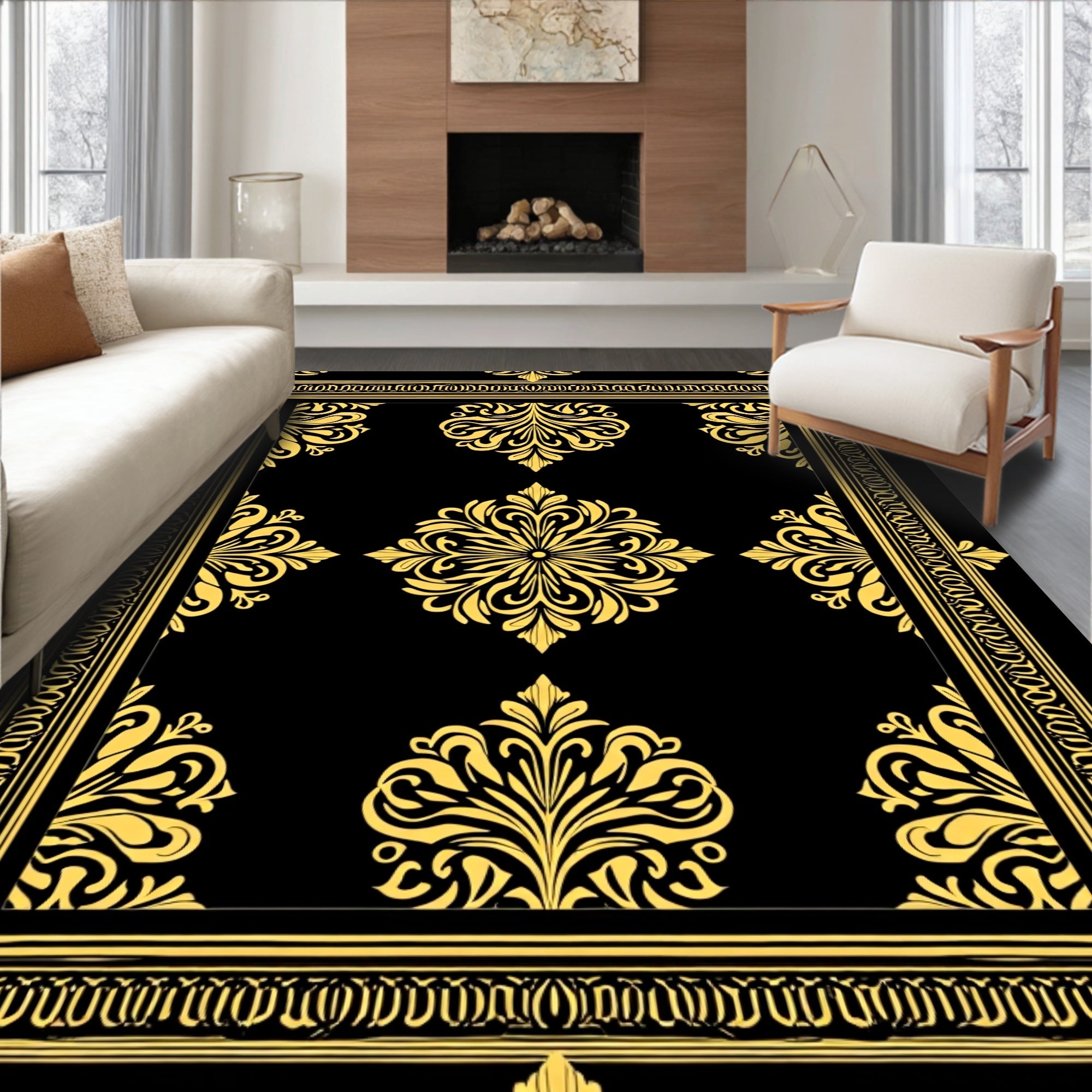 Golden Black Elaborate Floral Border Rug