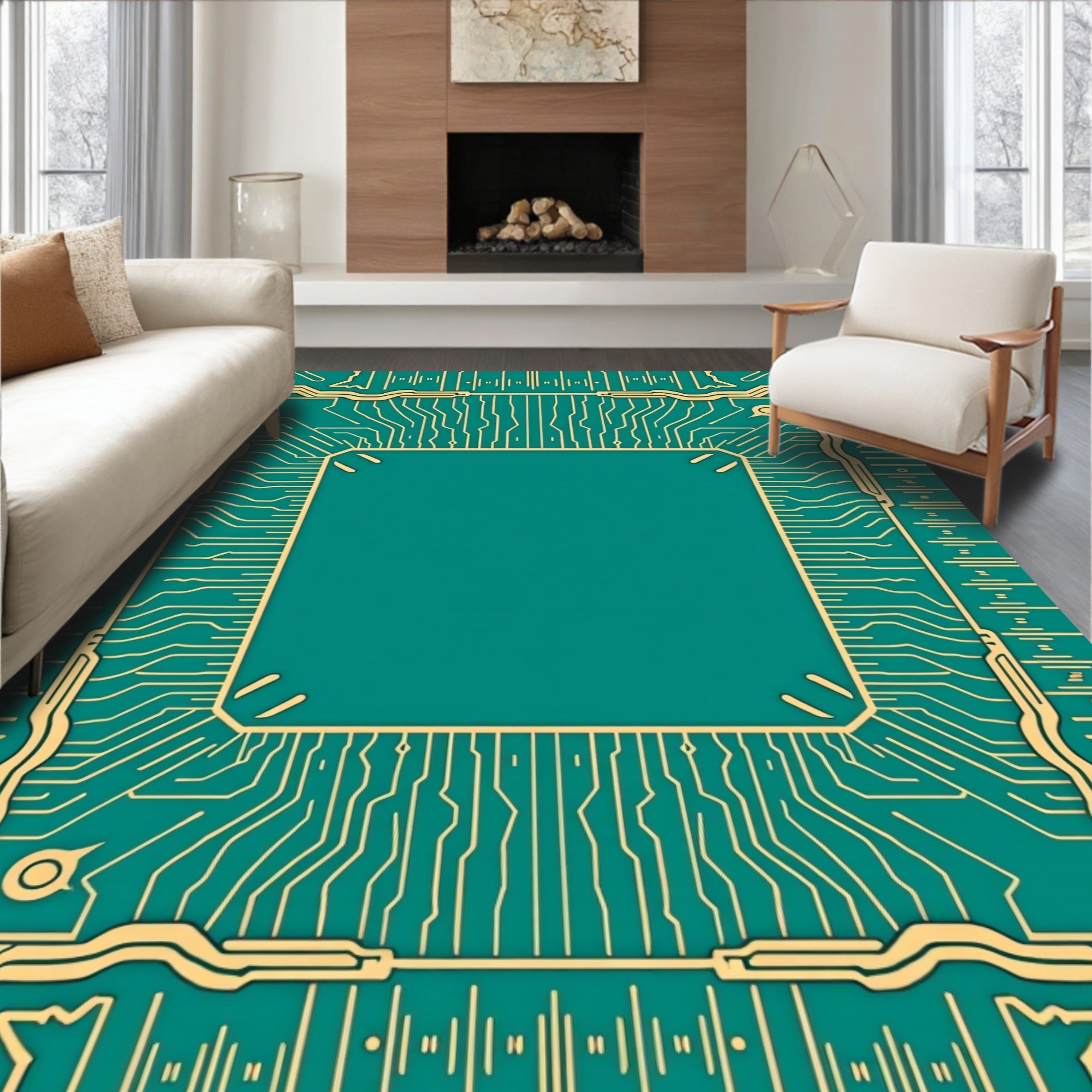 Teal Circuit Board Geometric Border Rug