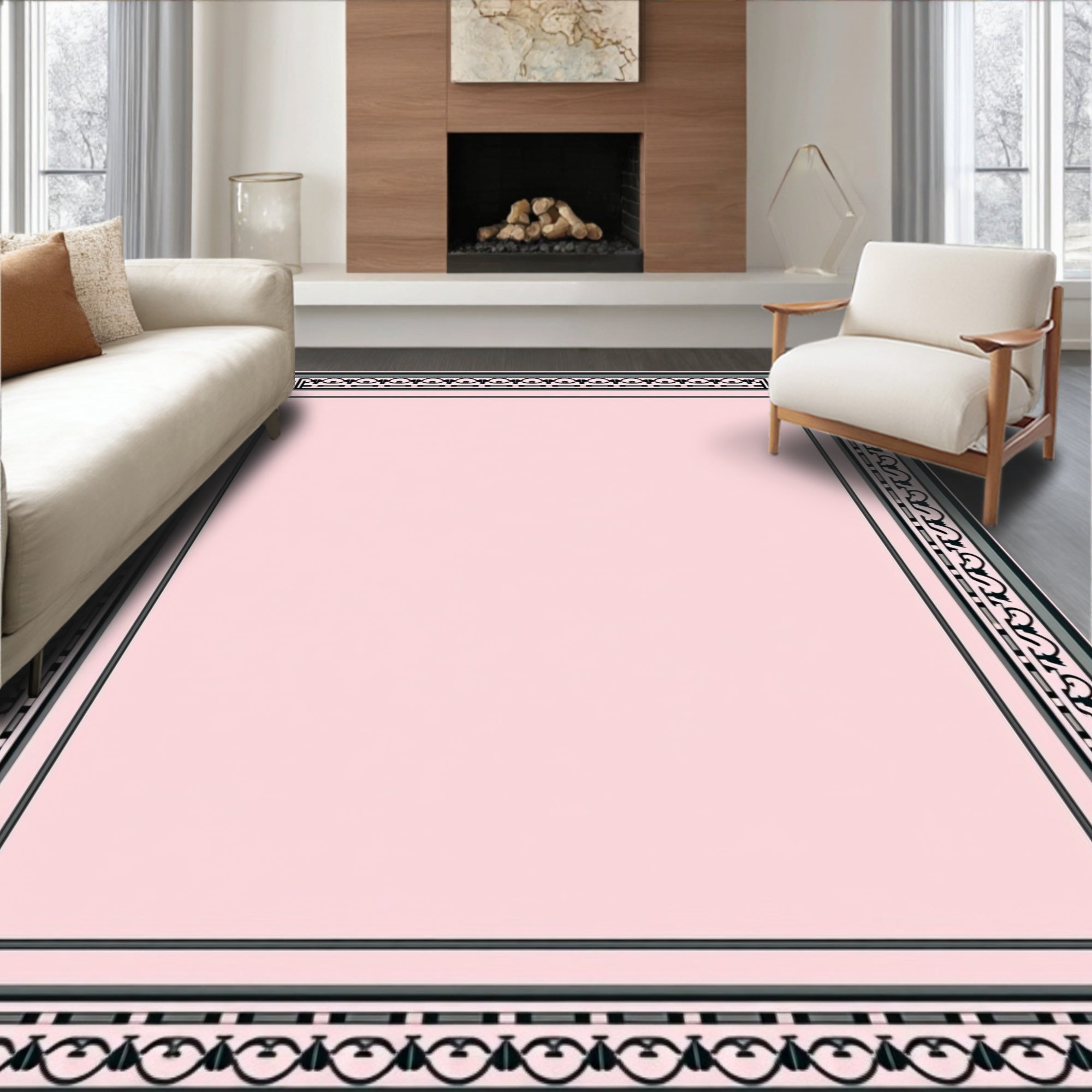 Pink Light Gray Art Deco Border Rug