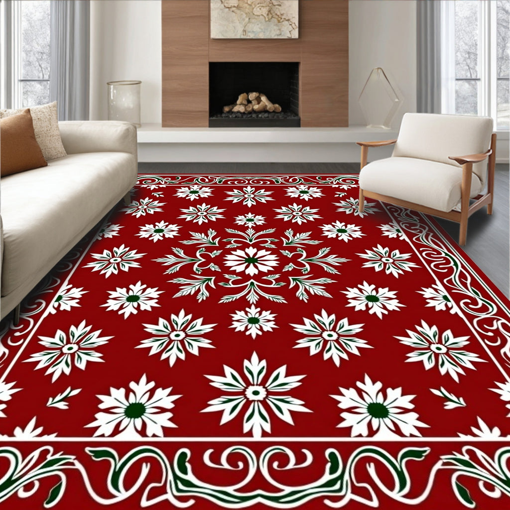 Deep Red Floral Swirl Border Rug