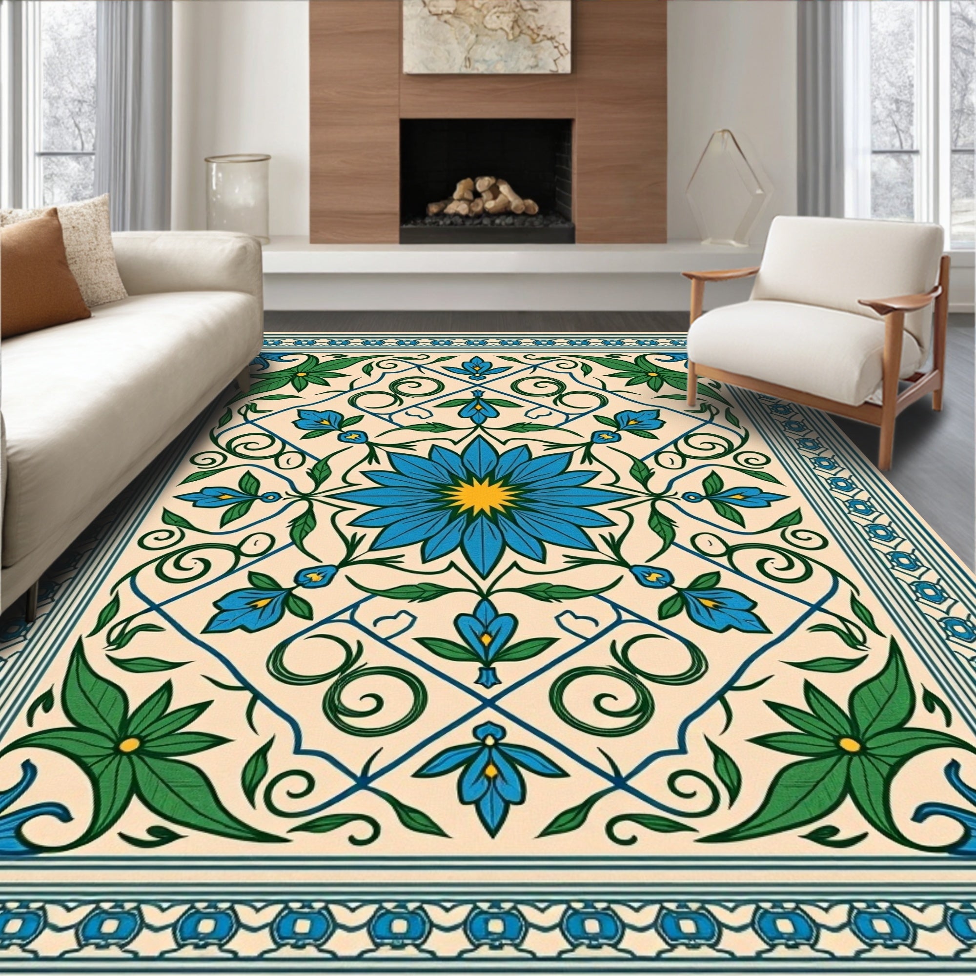 Cerulean Blue Floral Garden Border Rug