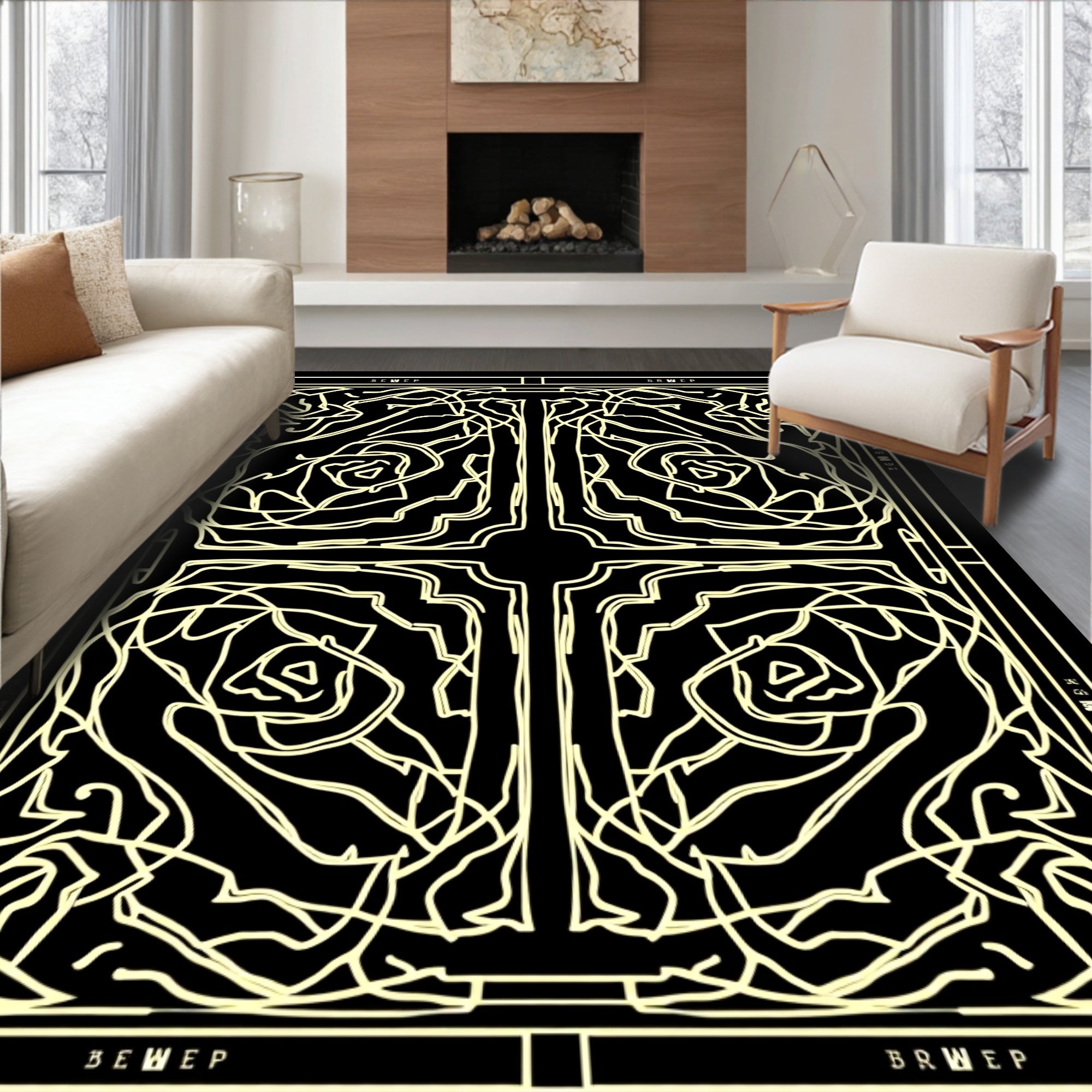 Yellow Outline Rose Garden Square Rug