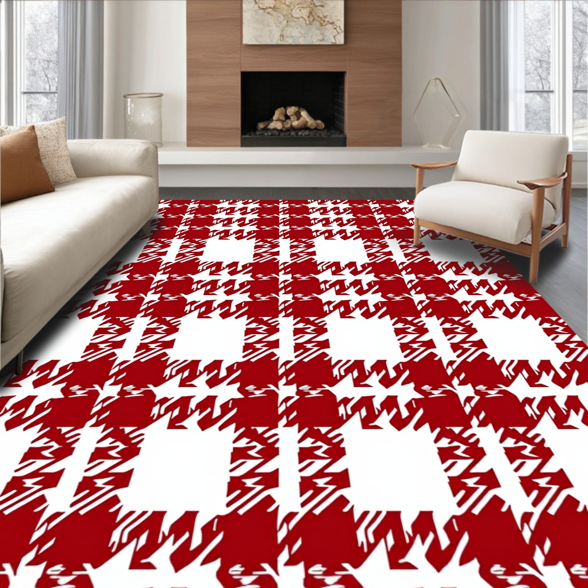 Classic Red Houndstooth Checkered Rug
