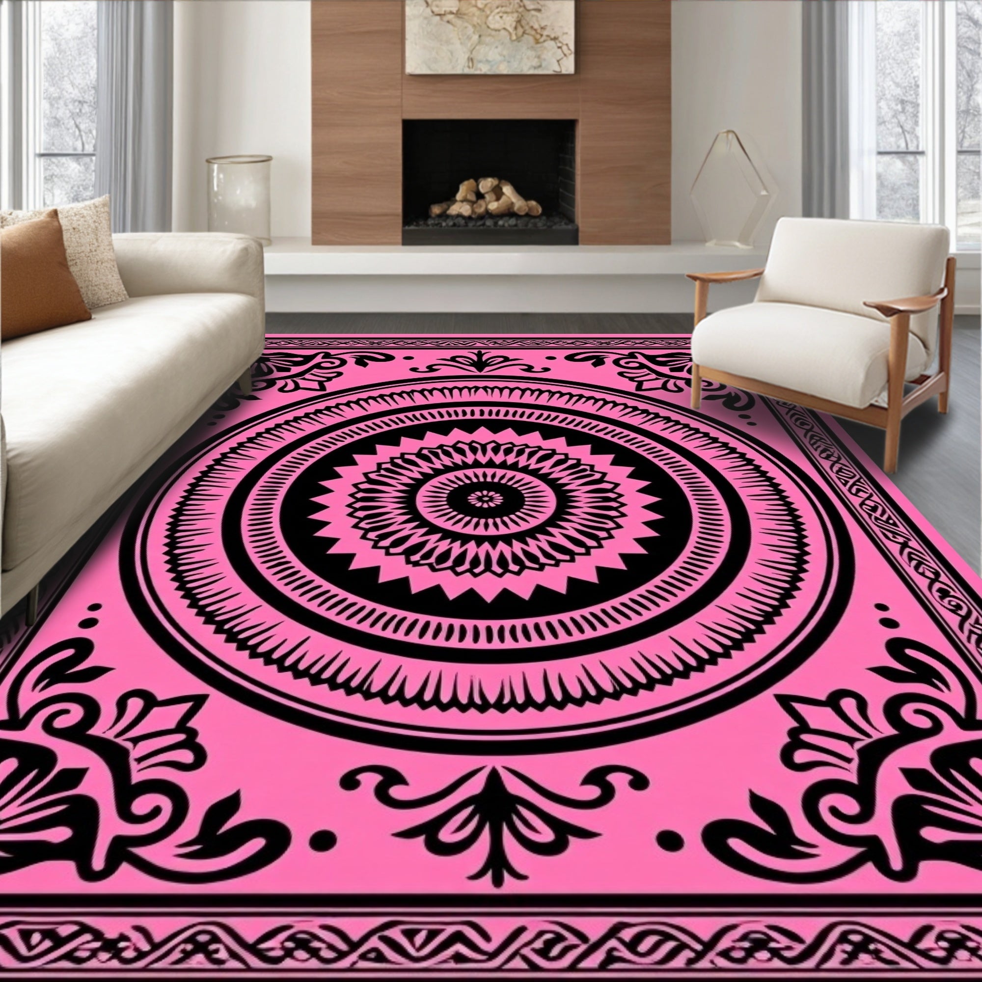 Vibrant Pink Black Mandala Garden Rug