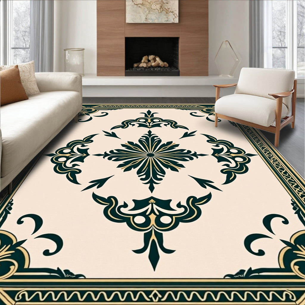 Elaborate Dark Green Cream Medallion Area Rug