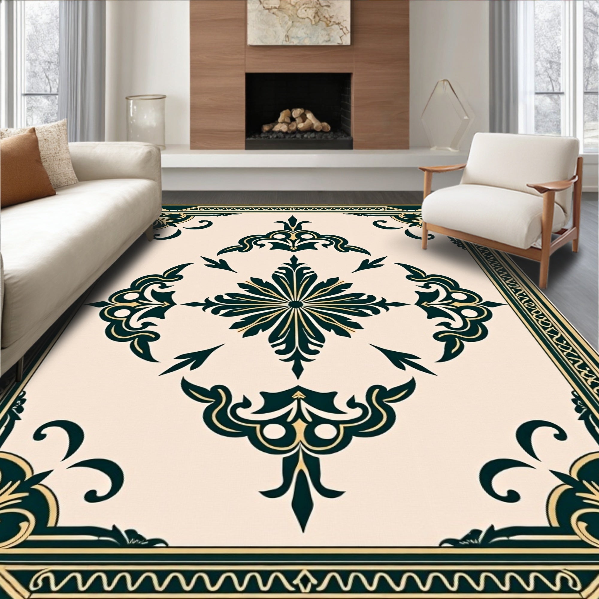 Elaborate Dark Green Cream Medallion Area Rug
