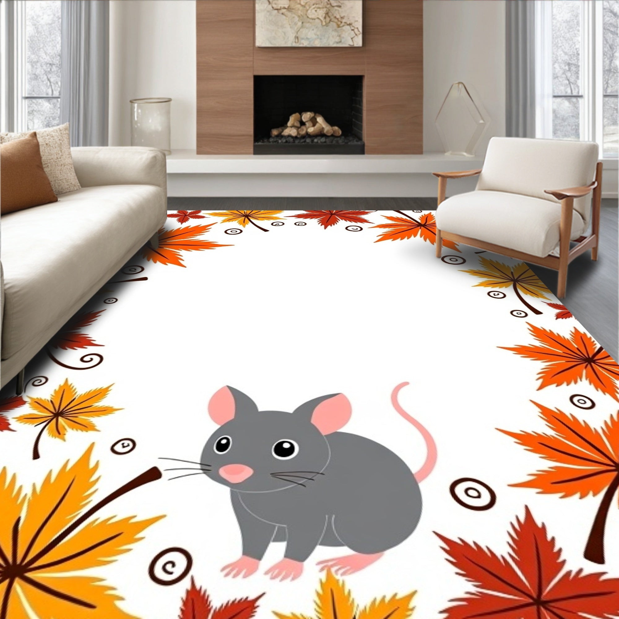 Whimsical Autumn Leaf Mouse Border Rug