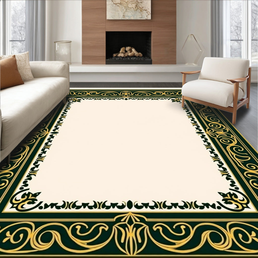 Ornate Gold and Emerald Scroll Border Rug