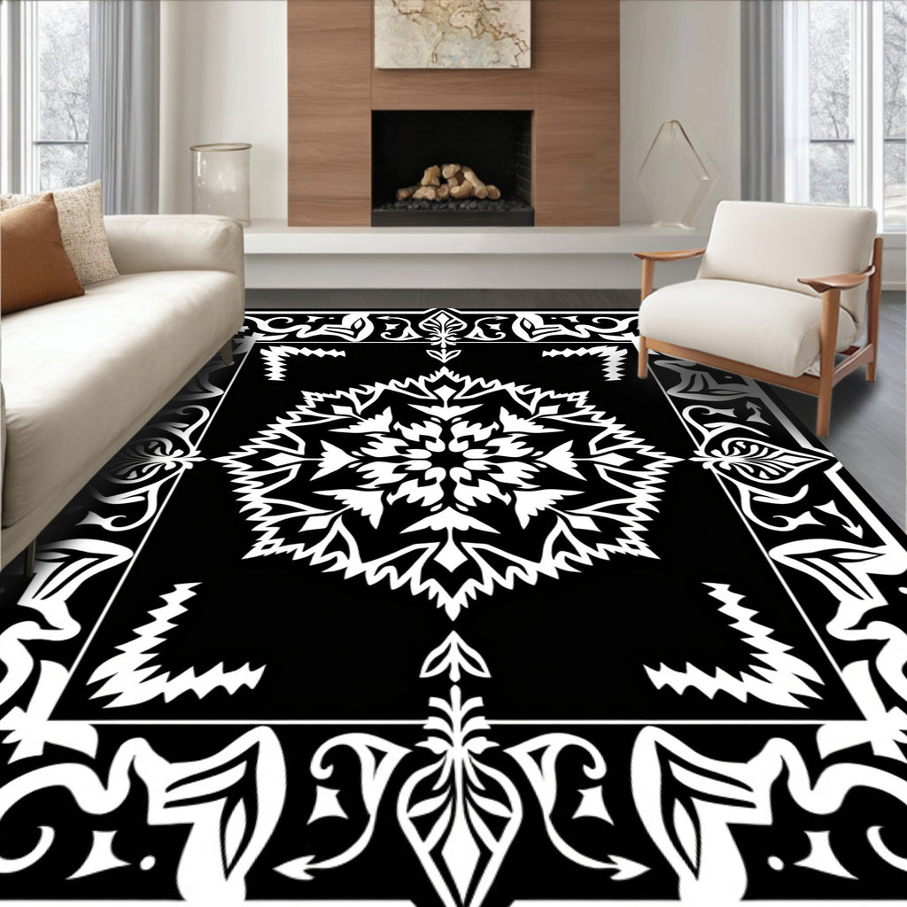 Black and White Floral Mandala Border Rug