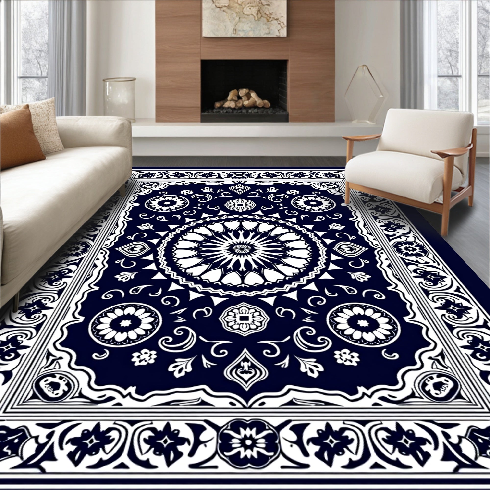 Traditional Navy and White Medallion Rug