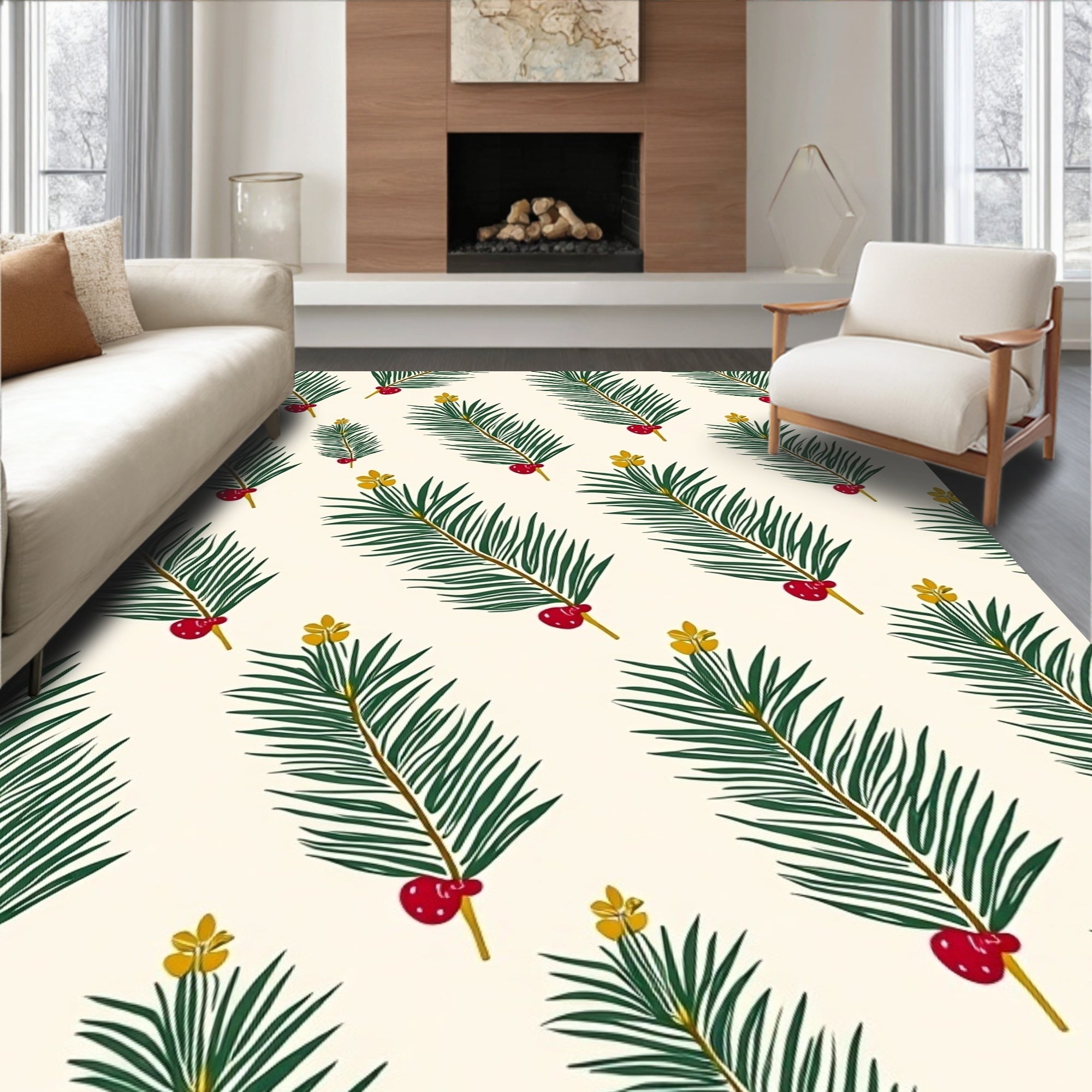 Green Fir Sprig Red Berry Accent Rug