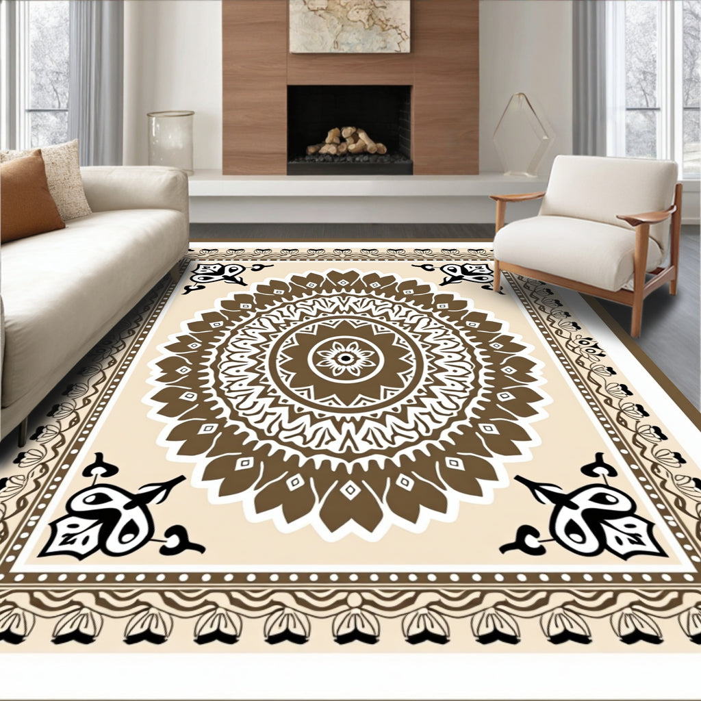 Ornate Brown Mandala Medallion Frame Rug
