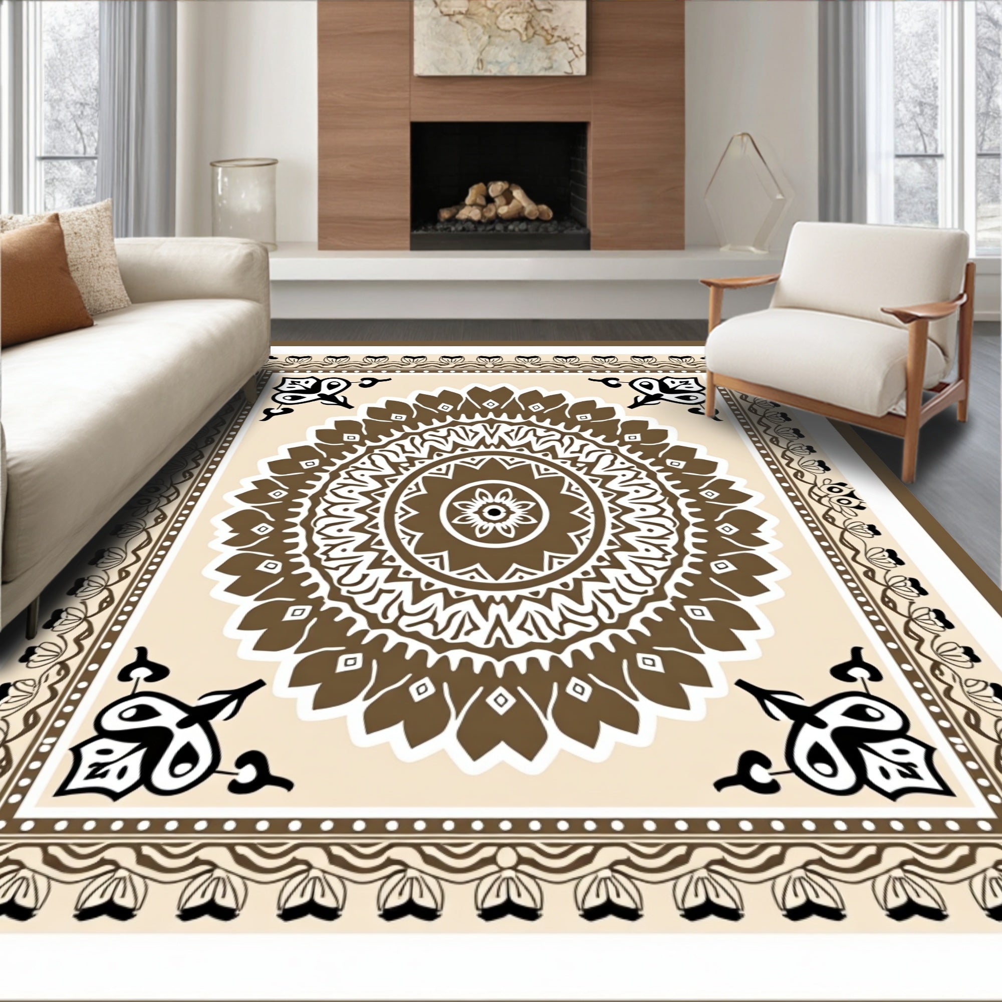 Ornate Brown Mandala Medallion Frame Rug