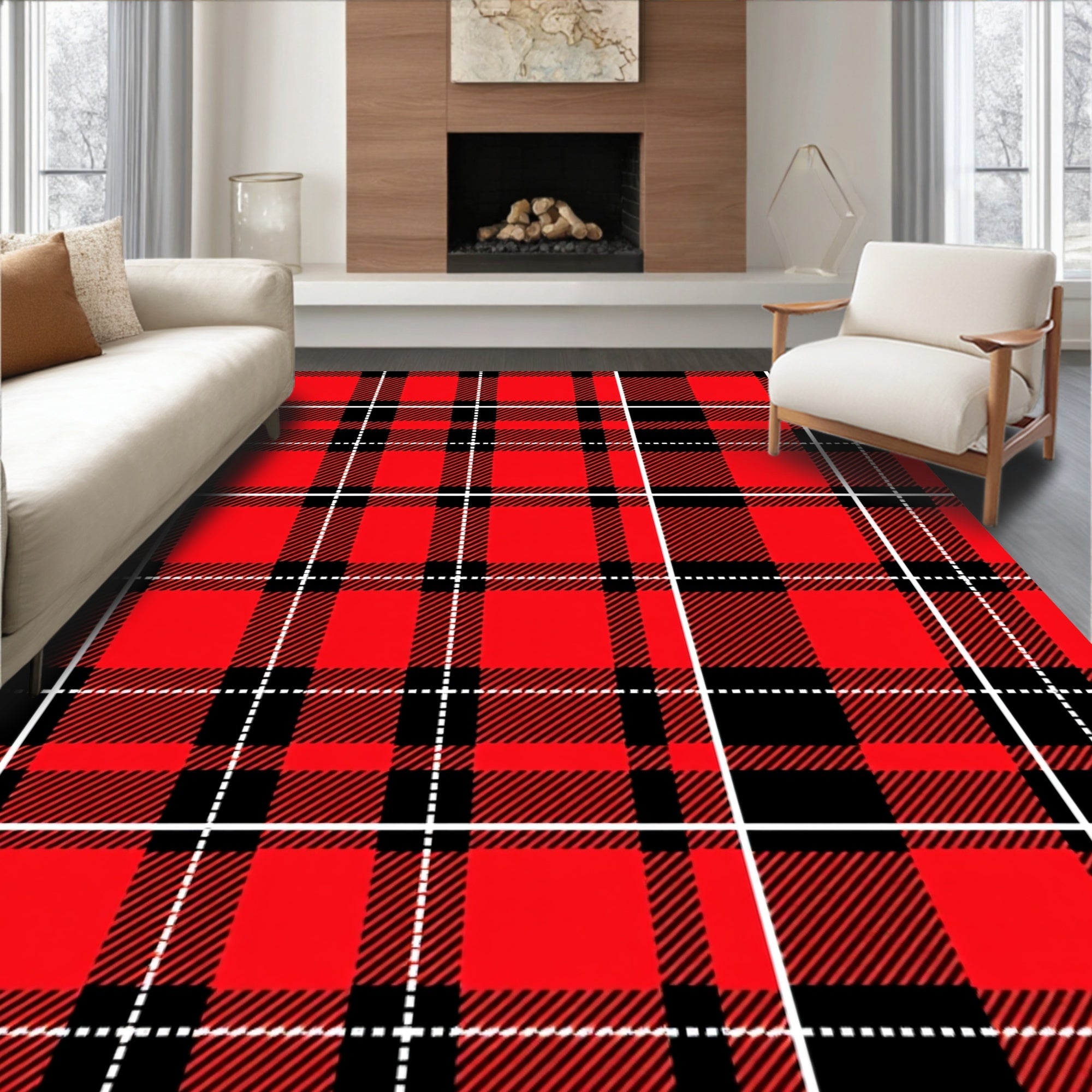 Classic Red Black Plaid Weave Rug
