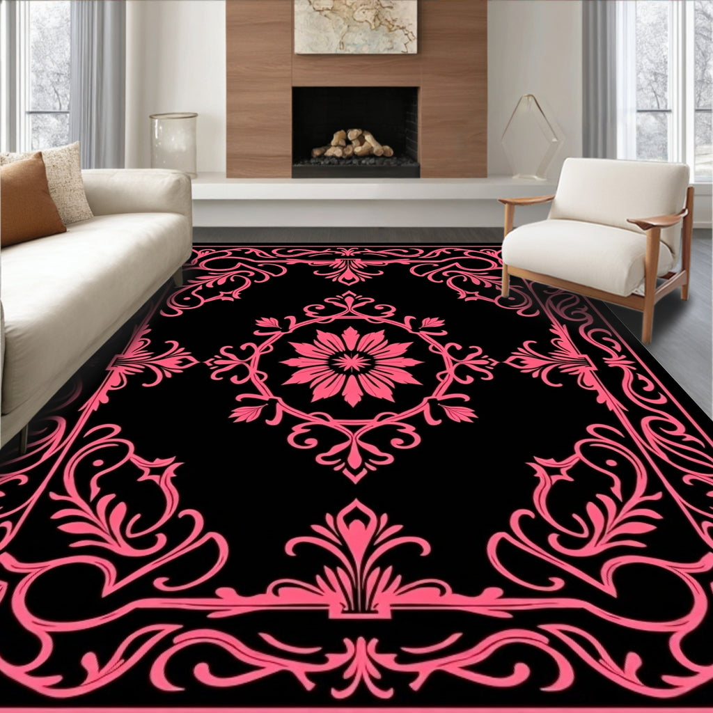 Pink Floral Scrollwork Black Rug