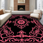 Pink Floral Scrollwork Black Rug