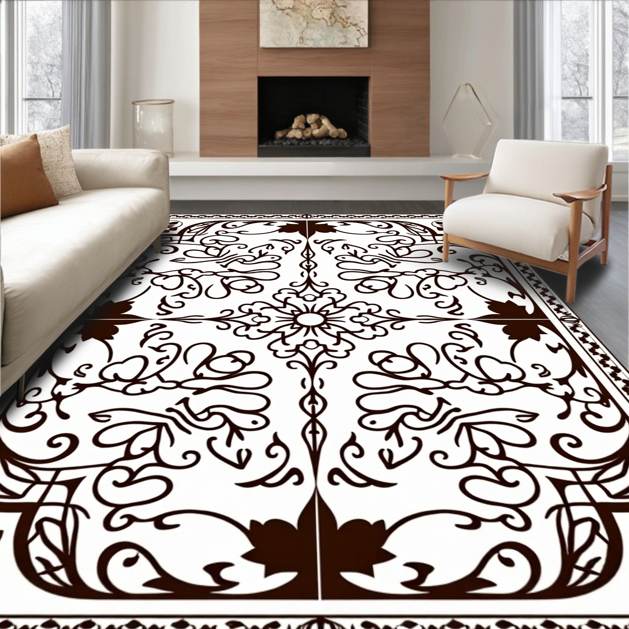 Dark Brown Ornate Scrollwork Medallion Rug