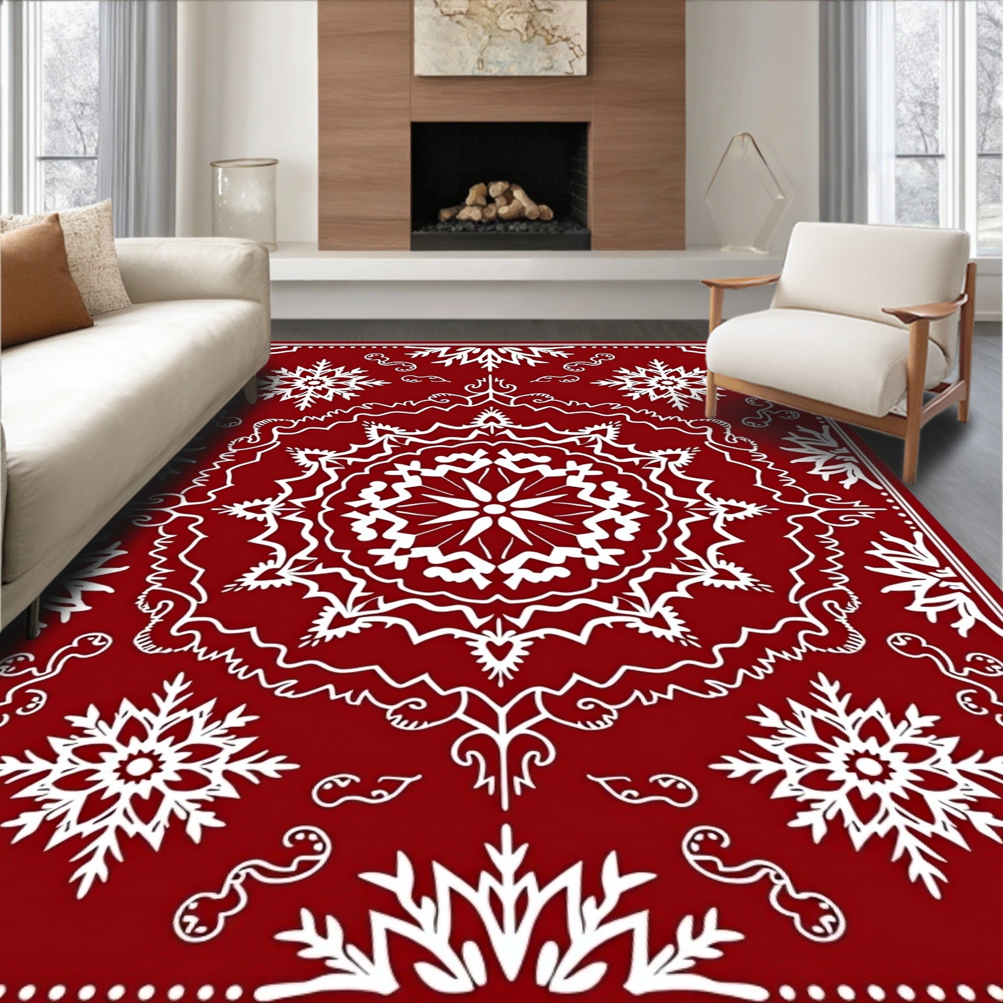 Crimson Snowflake Mandala Rug